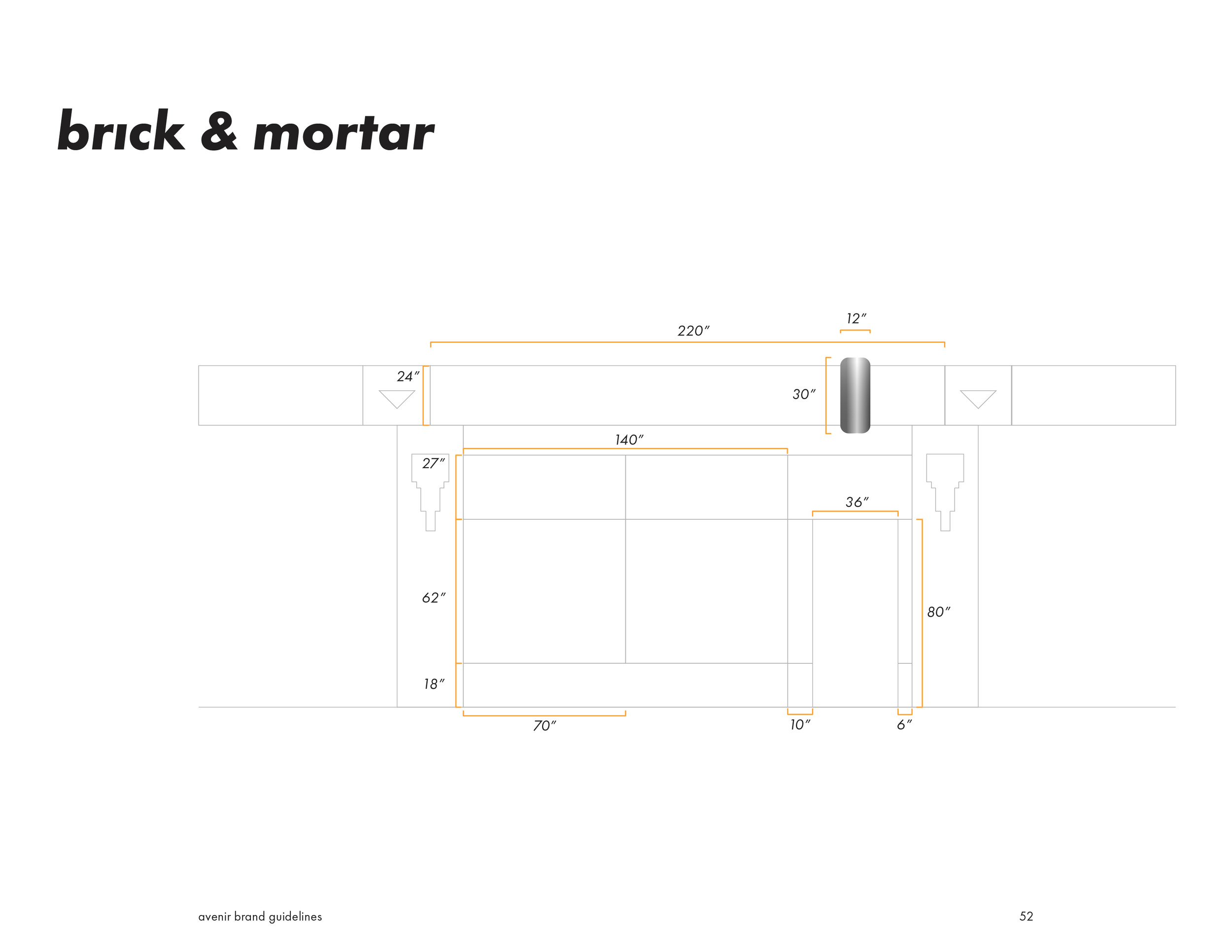 Blueprint of a brick and mortar structure with measurements detailed in inches, showing various dimensions and sections.