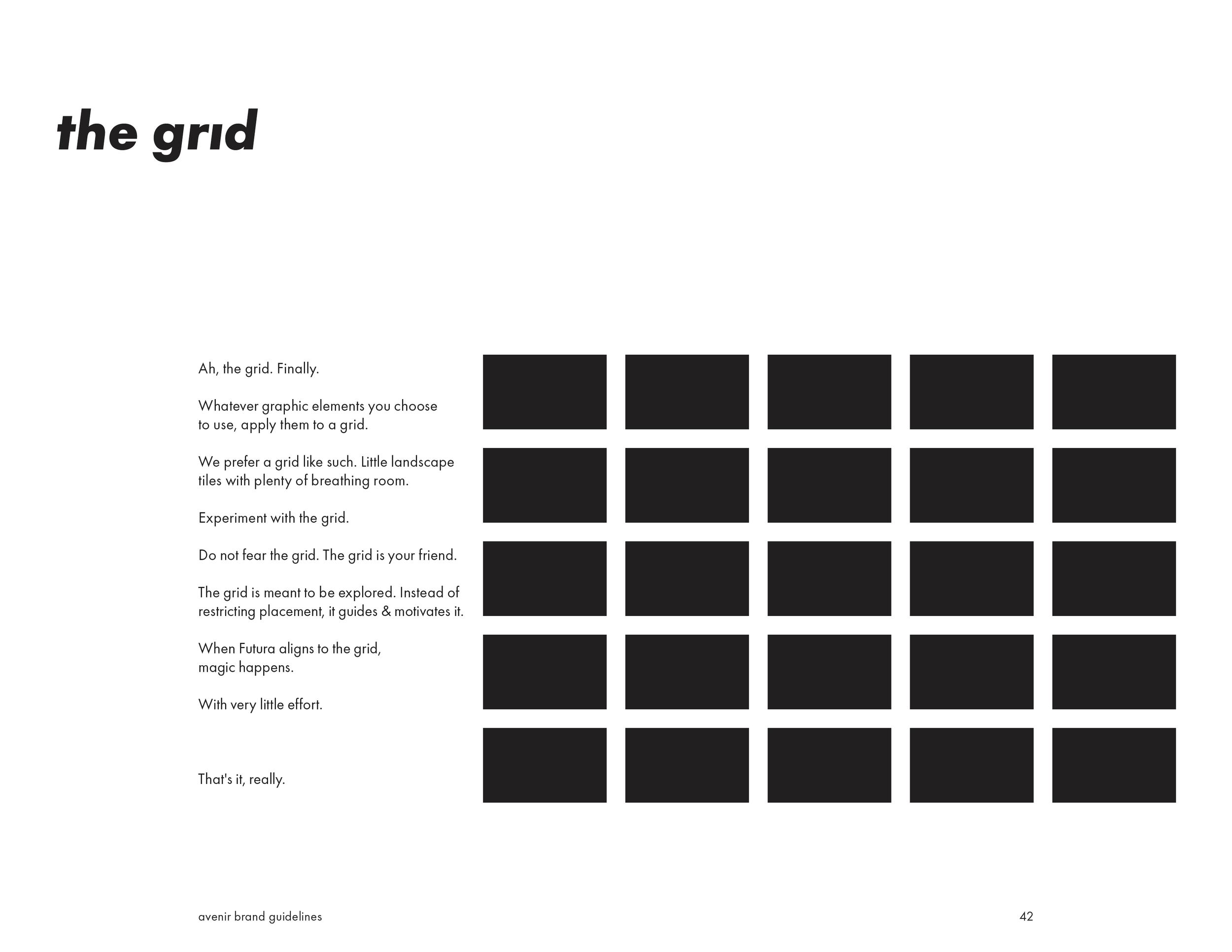 Text and black grid squares arranged in rows and columns, with the heading 'the grid' and a paragraph about experimenting with graphic elements on a grid.