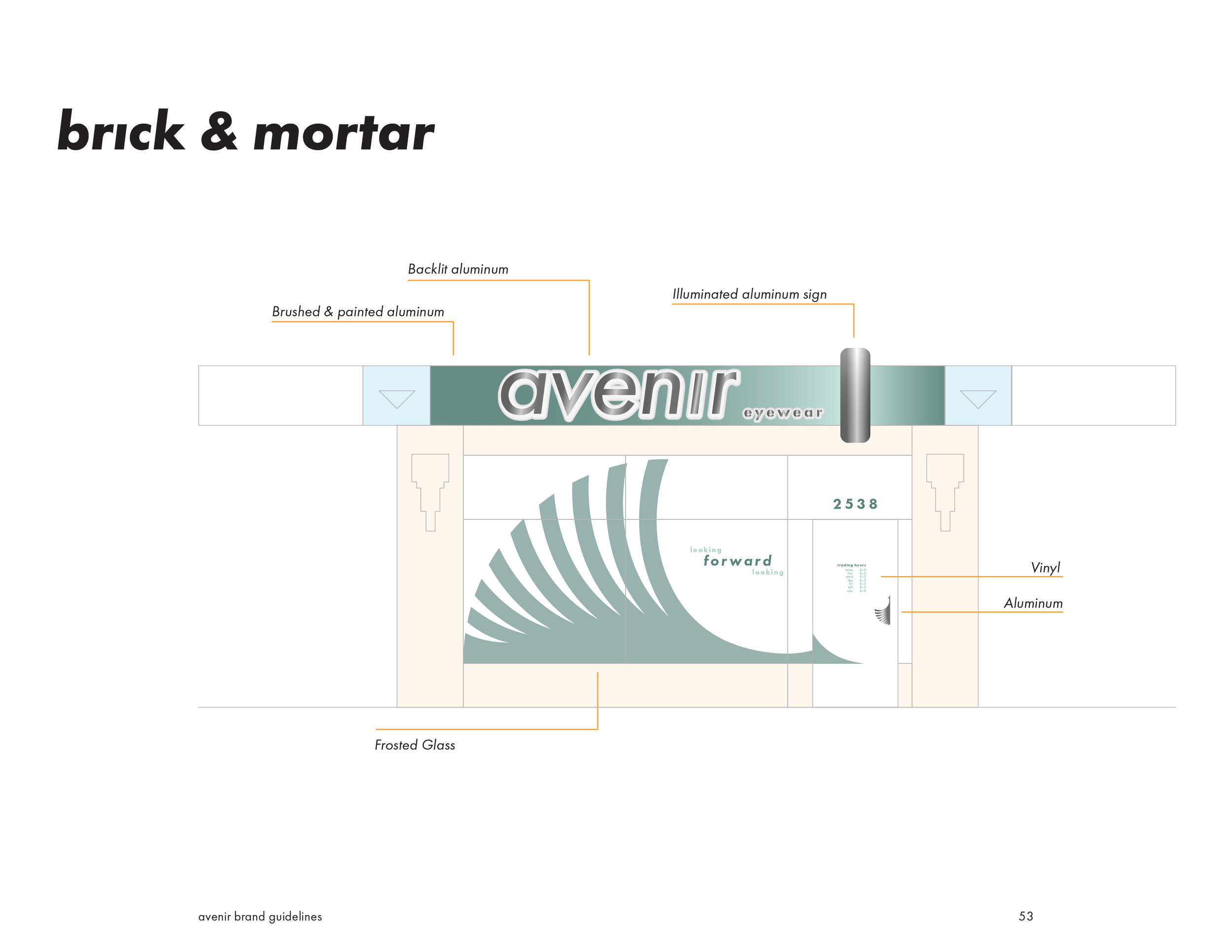 Design blueprint for Avenir Eyewear storefront showing aluminum signage, backlit aluminum, brushed and painted aluminum, illuminated sign, vinyl, frost glass, and aluminum materials.