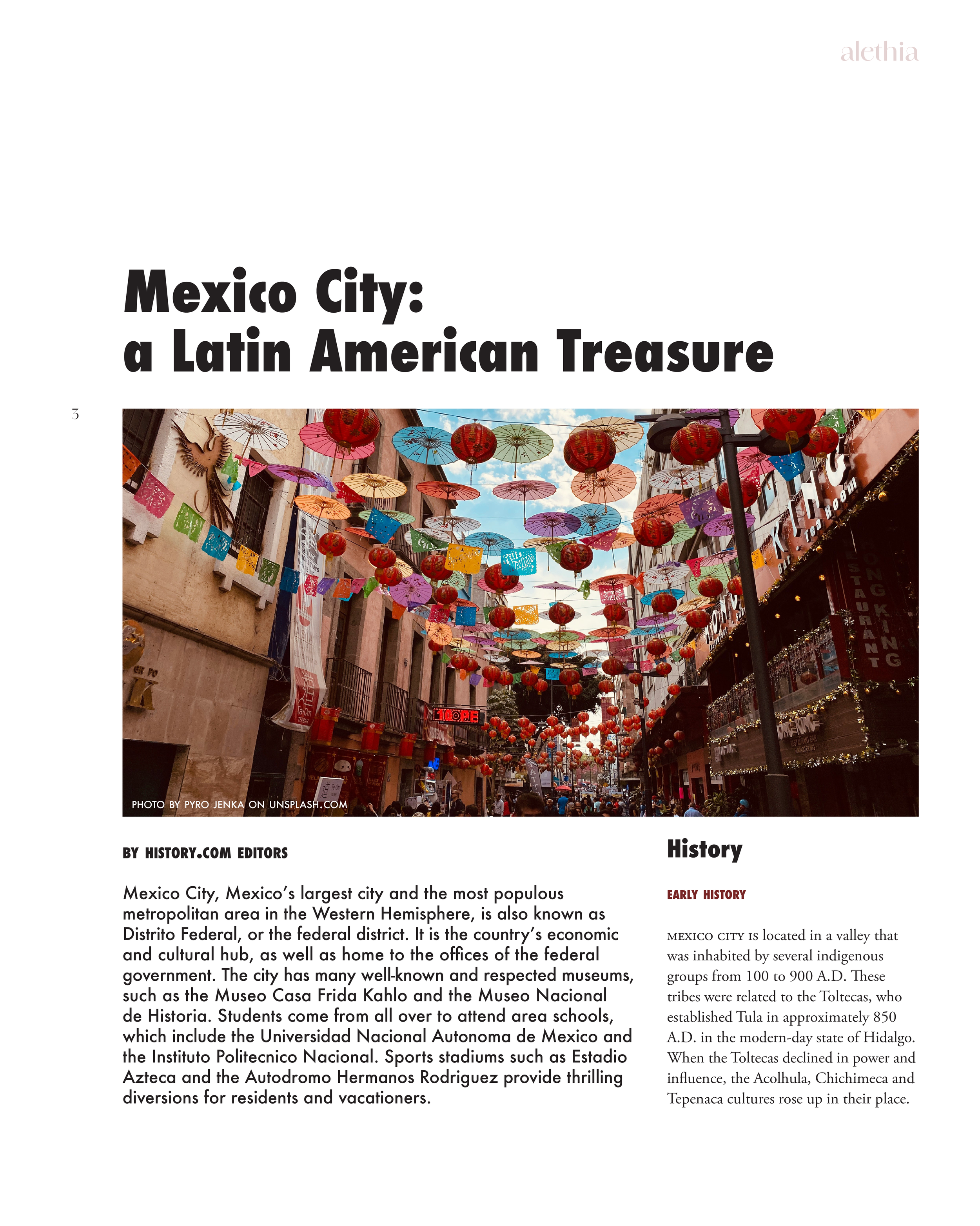 Colorful umbrellas and lanterns hanging above a busy street in Mexico City, with buildings and people below.