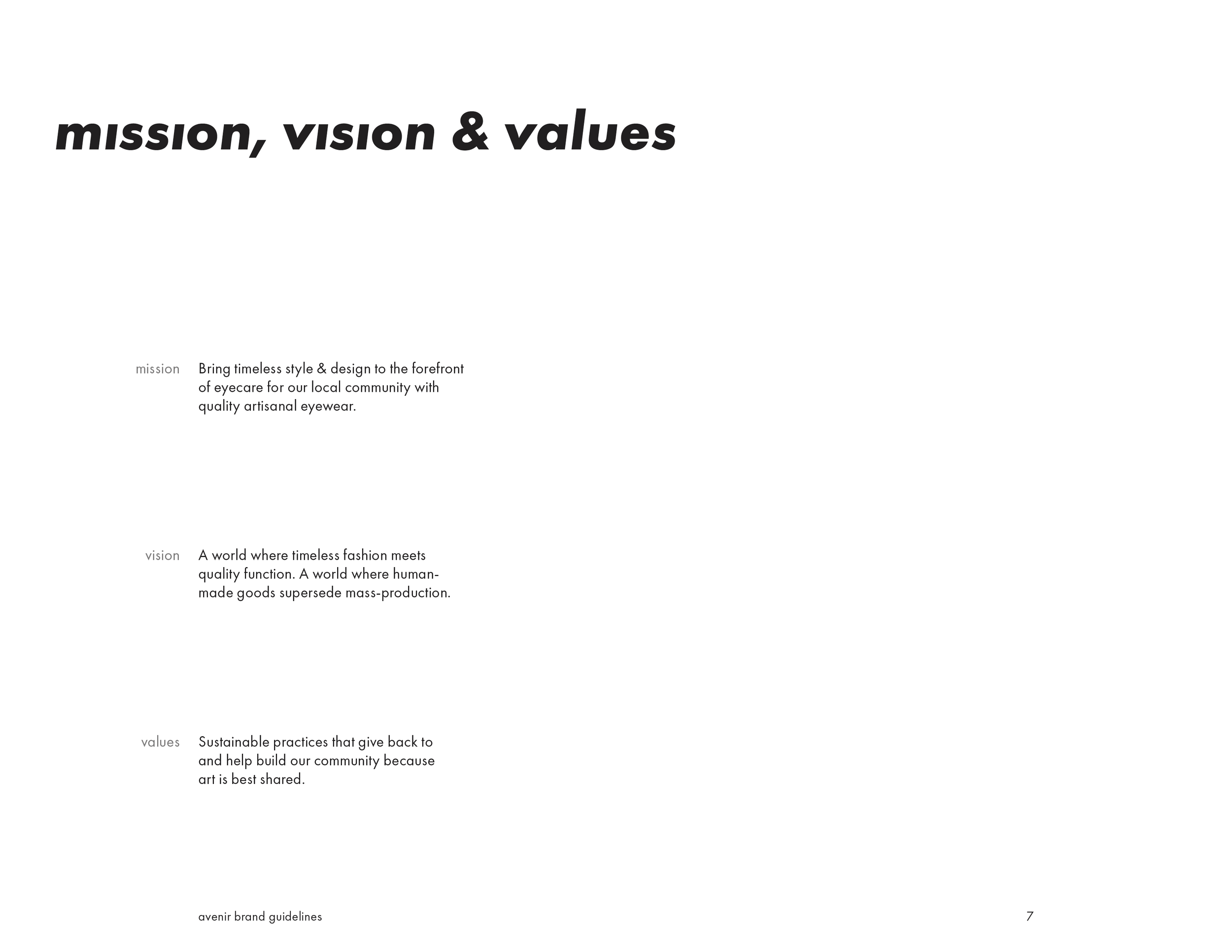 Page titled 'mission, vision & values' with sections for mission, vision, values, and brand guidelines, containing brief descriptions for each.