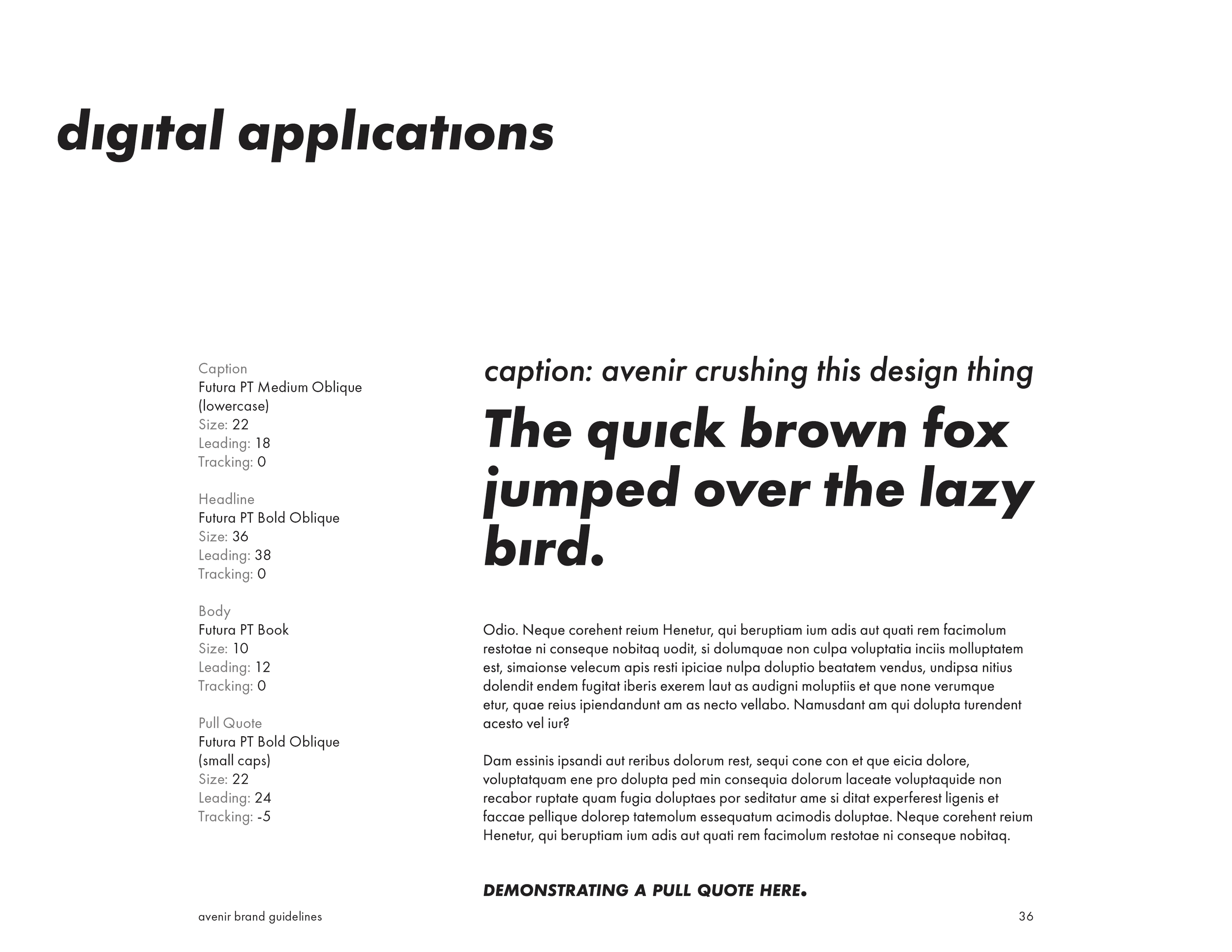 Page layout showcasing different text styles and font specifications for digital applications, including examples of headlines, body text, and pull quotes.