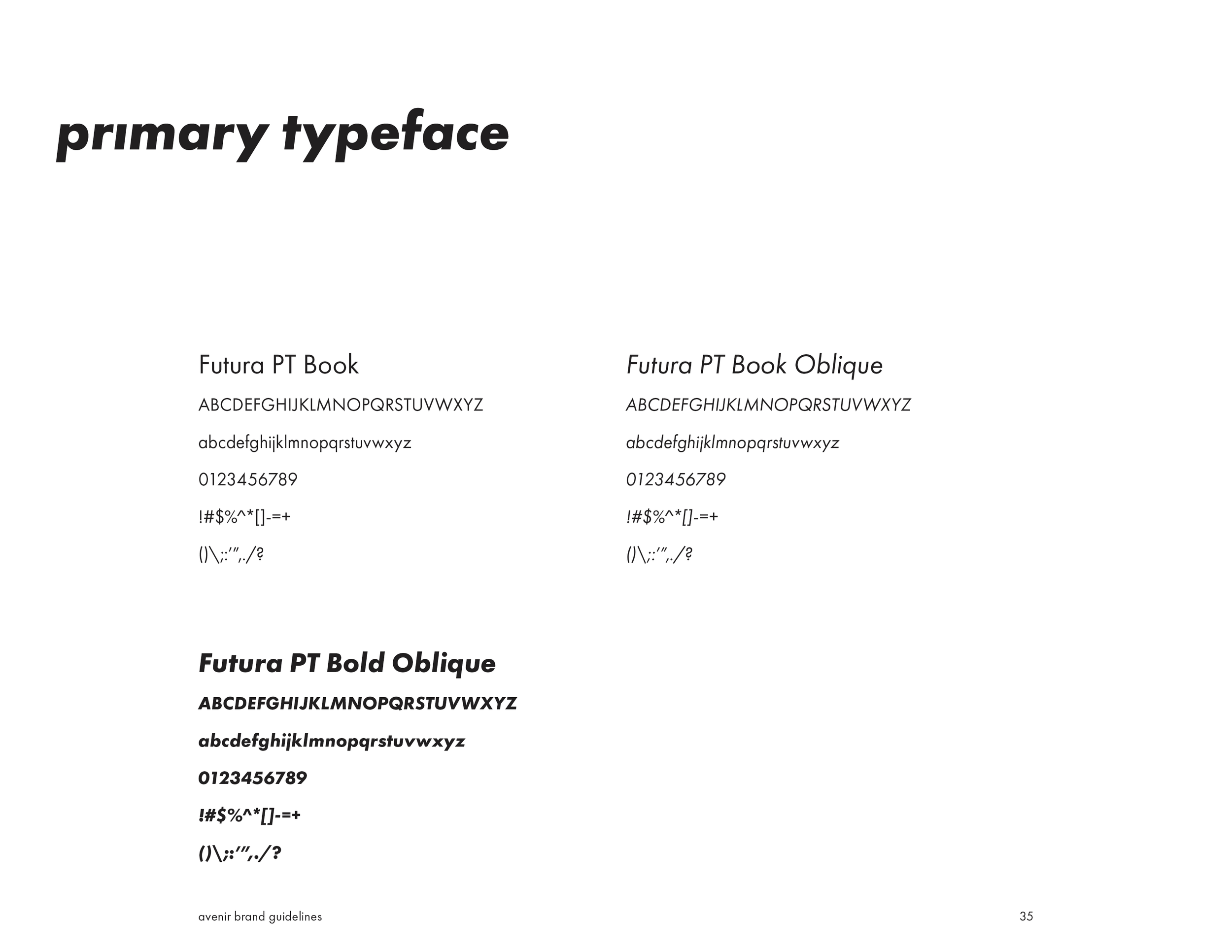 A style guide page showcasing different fonts, including Futura PT Book, Futura PT Book Oblique, and Futura PT Bold Oblique, with sample text and characters.