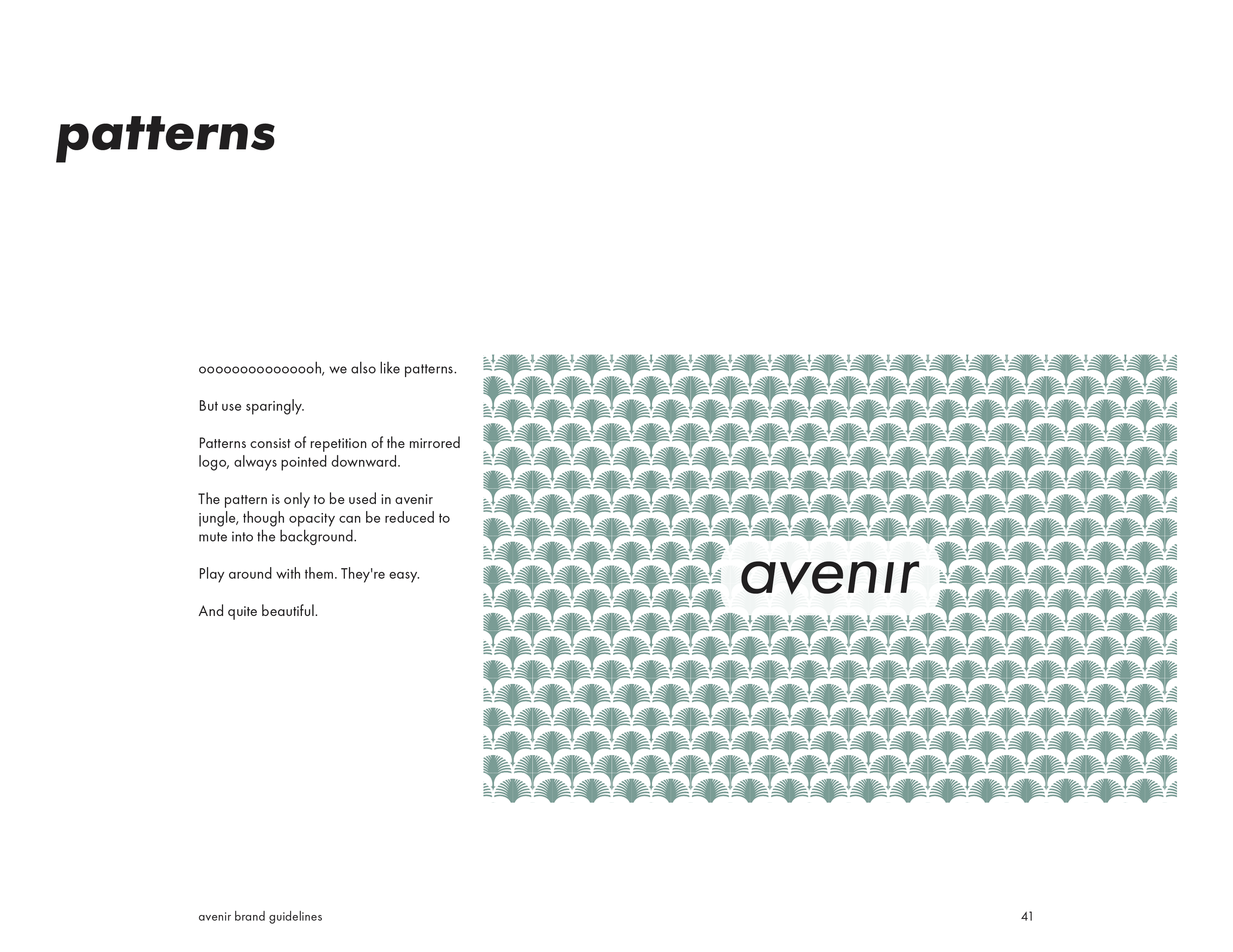 A page from a branding guide explaining patterns, with a section of text on the left and a repeating pattern of arrow-shaped designs on the right. The word 'avenir' is overlaid on the pattern.