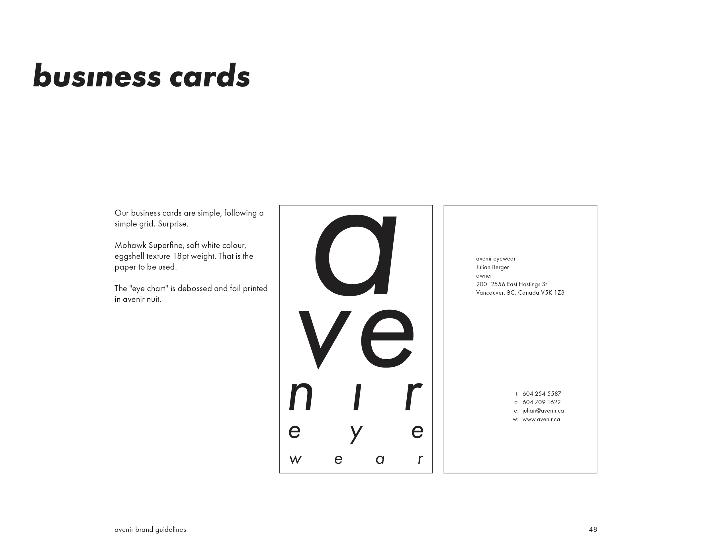 Sample business card design with large black letter 'a' and smaller letters 'e v e', 'n i r', 'e y e', and 'w e a r' in various fonts. The layout includes sample text describing the card's design and contact details for an eyewear business.