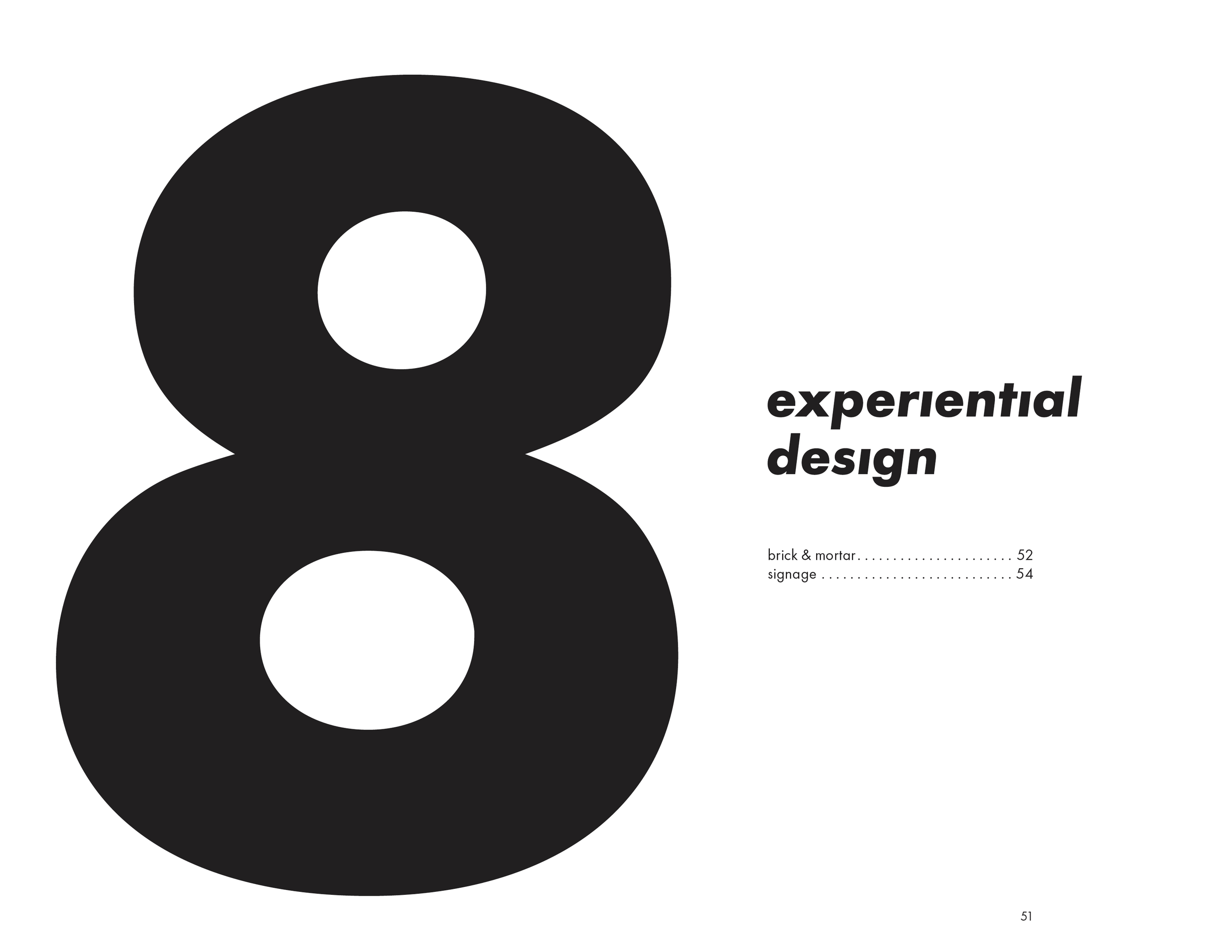 A page from a design book featuring large black number 8 on the left with the title 'experiential design' and a subtitle indicating topics about brick, mortar, and signage, along with page numbers.