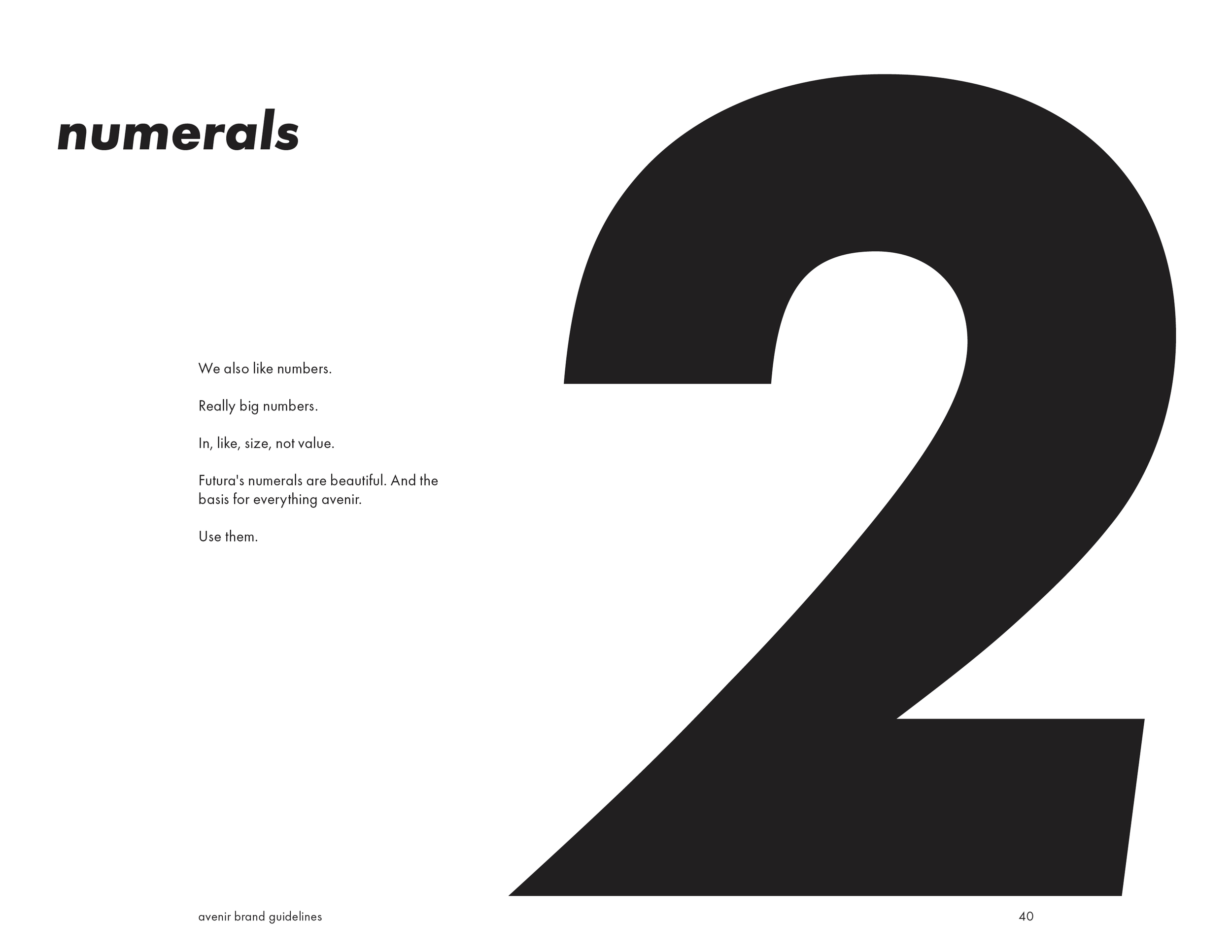 Page from a branding style guide with a large black number 2 on the right. The title 'numerals' appears to the left, along with text explaining the aesthetic of big numbers and their use in design.