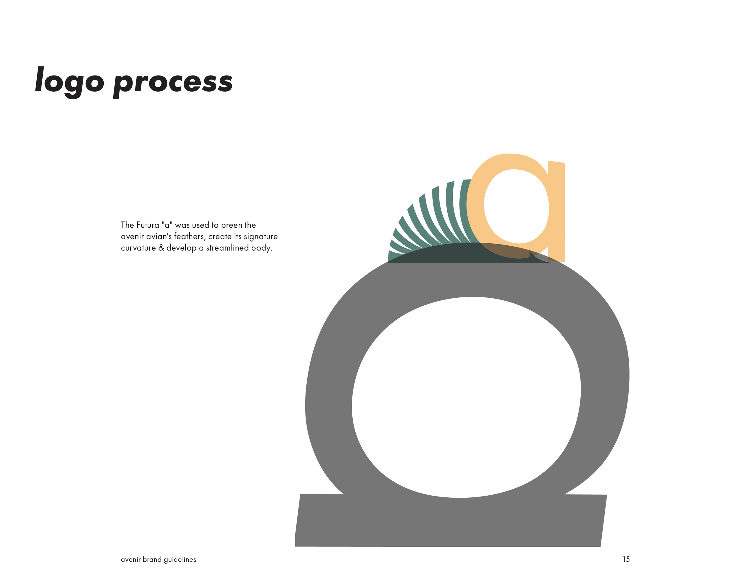 Illustration of a logo design process showing a large gray circle with a smaller orange circle and stylized green feathers, representing a feathered bird or wing, with accompanying text explaining the evolution of the logo.