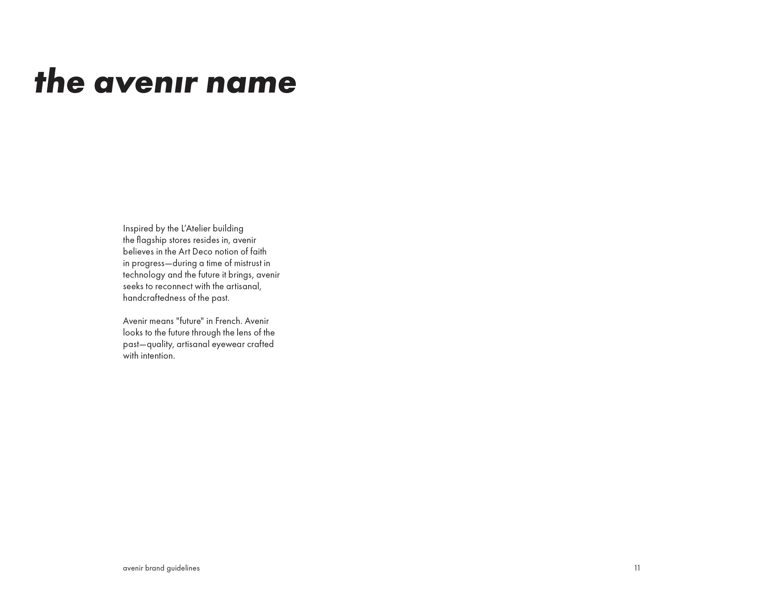 A magazine or brochure page titled 'the avenir name' with text explaining Avenir's inspiration from the L'Atelier building, its focus on faith in progress, craftsmanship, and the future, in black and gray font on a white background.