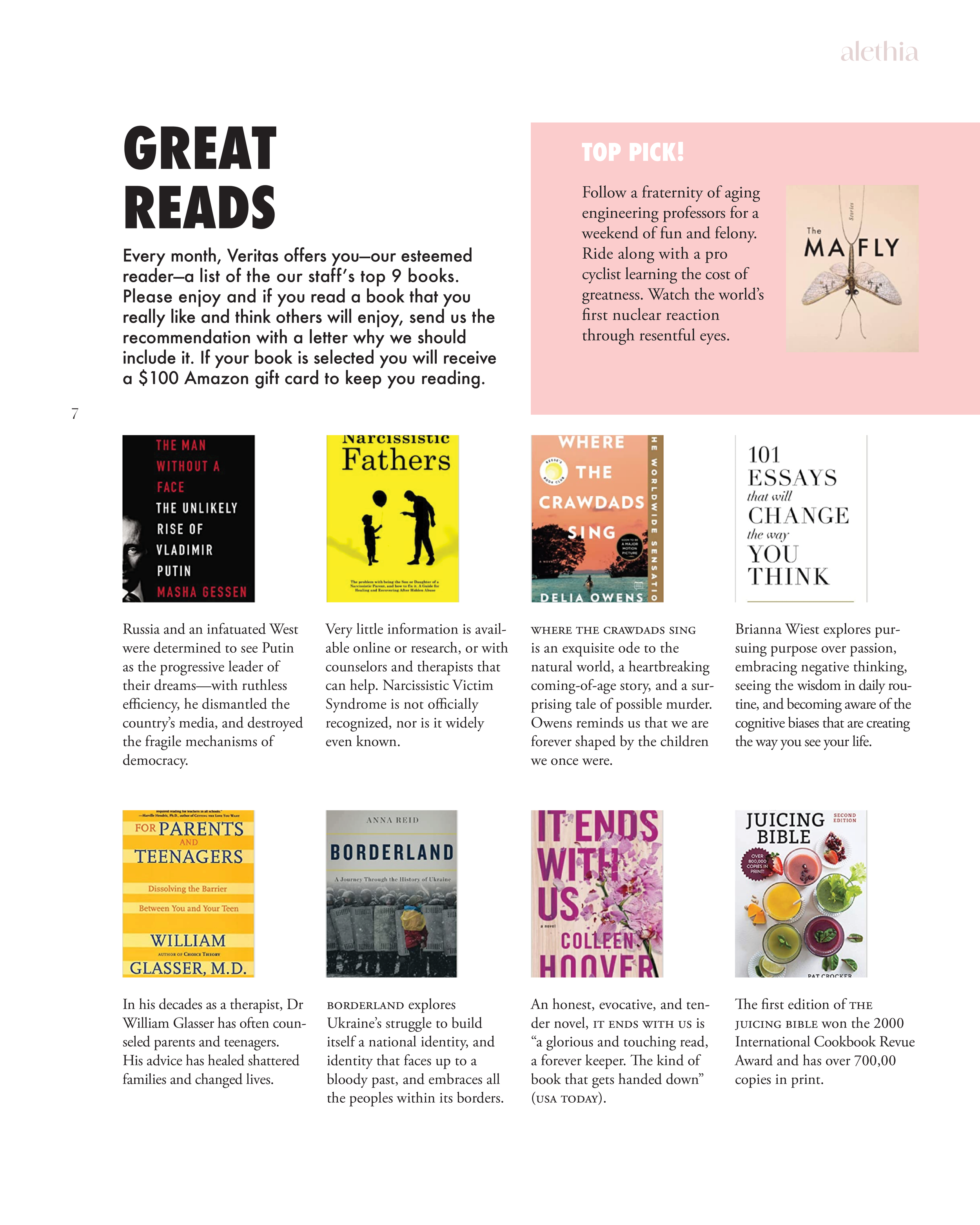 Page from a book review or newsletter featuring titles of nine recommended books, with brief descriptions and a pink section highlighting a top pick titled 'The Mayfly' with a dragonfly illustration.
