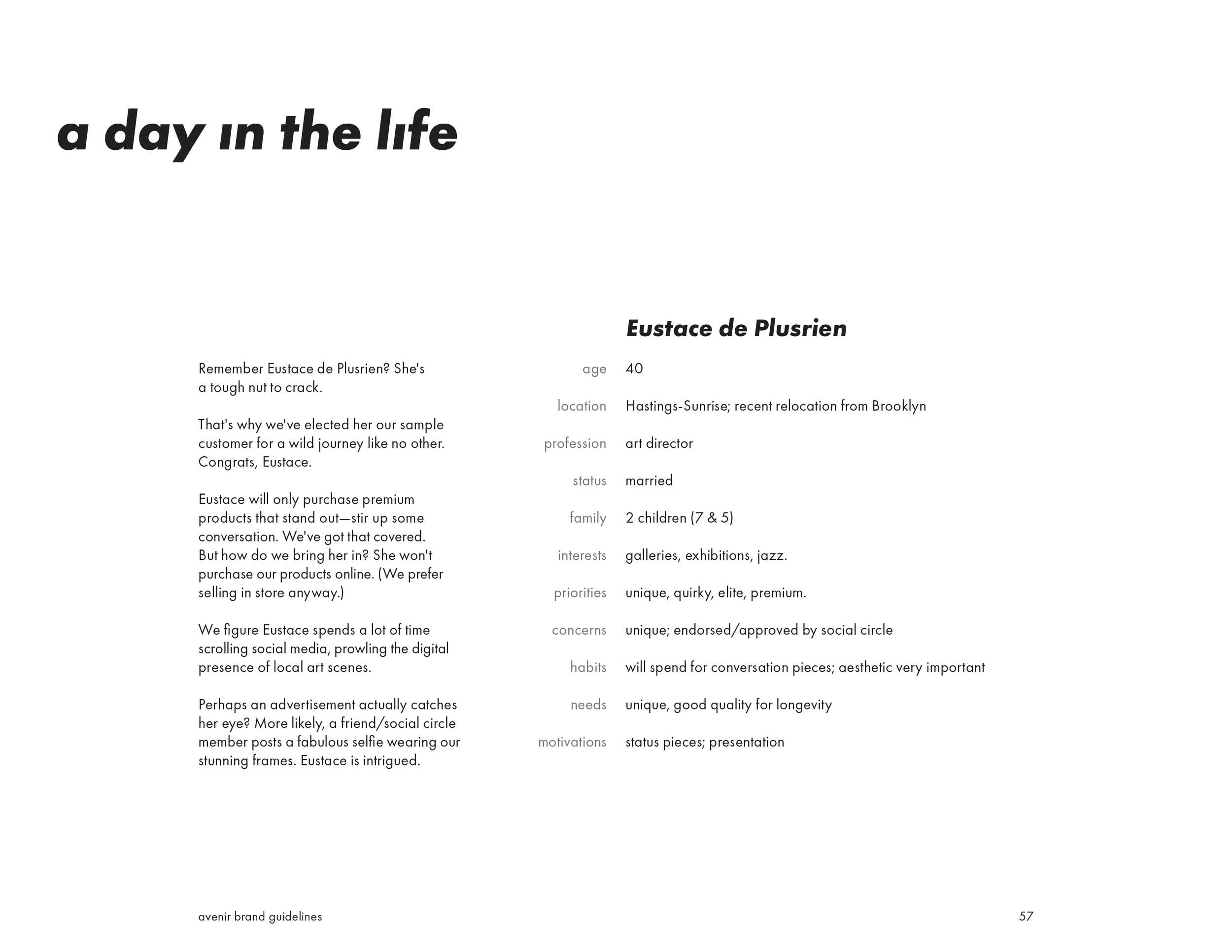 Page titled 'a day in the life' featuring a profile of Eustace de Plusrien, age 40, residing in Hastings-Sunrise, recent Brooklyn relocation, art director, married with two children. The page includes a biography, interests in galleries, exhibitions,