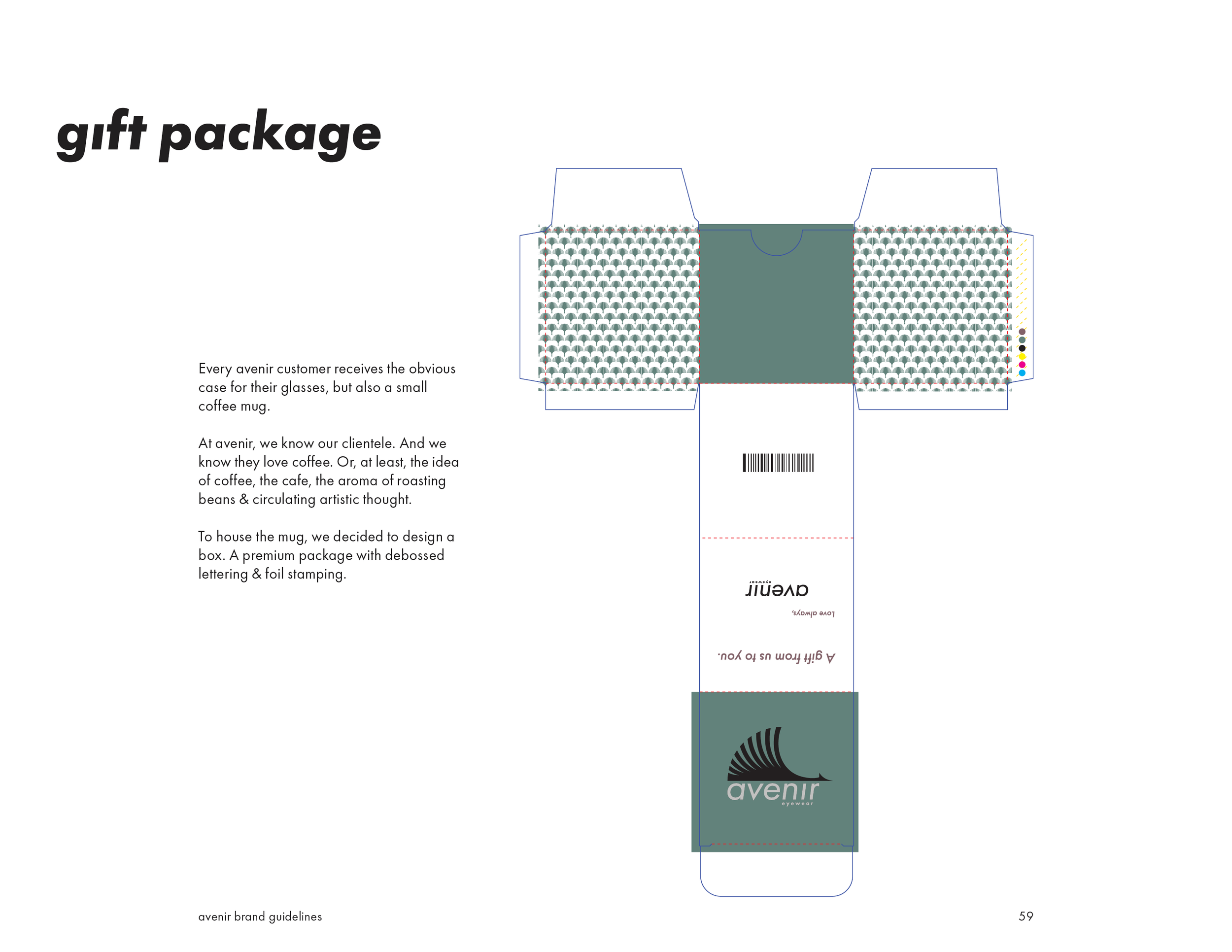 Design template of a gift packaging box for aveni r eyewear, showing fold lines, printed branding, and color zones.