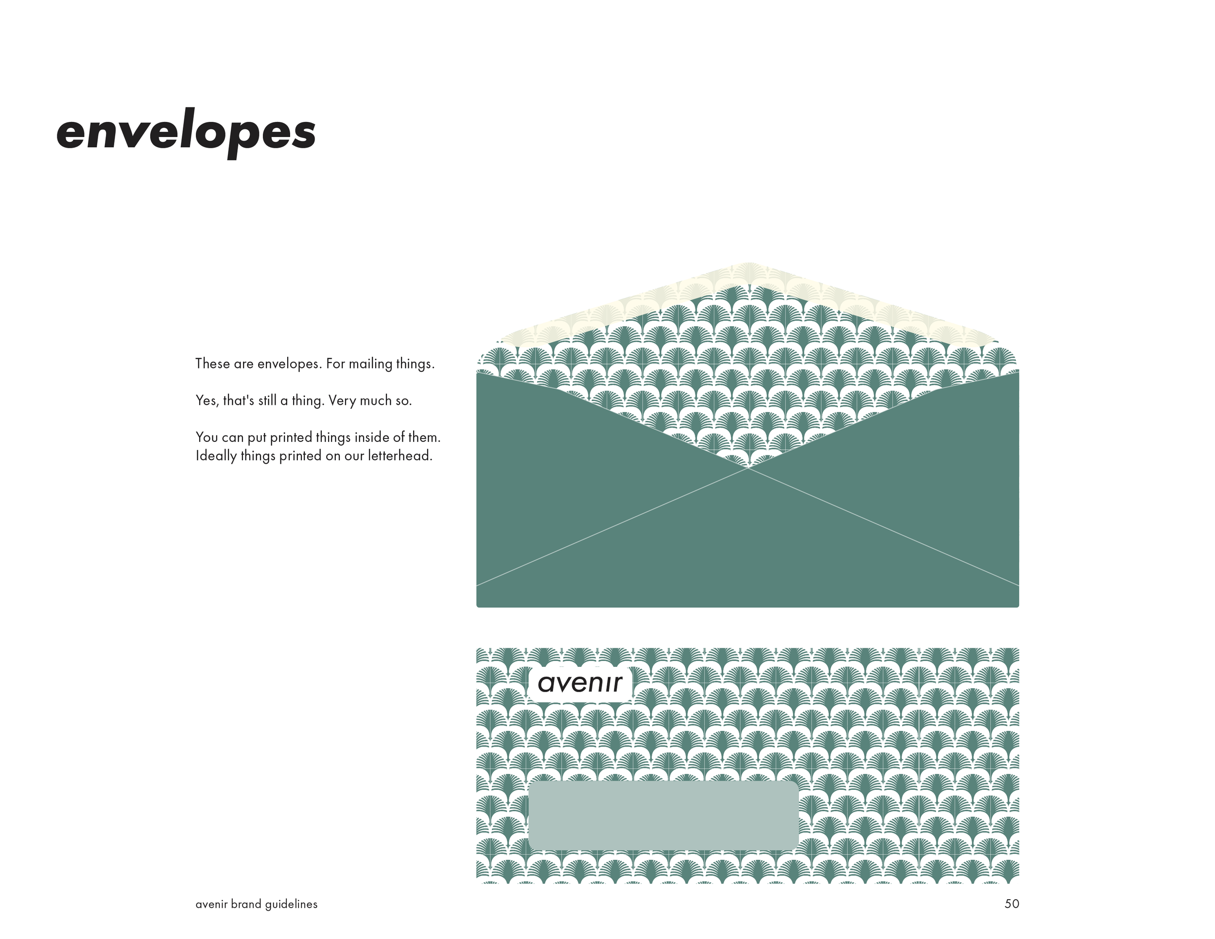 A magazine page discussing envelopes, with an illustration of an open envelope showing patterned interior, and a patterned envelope for a letter with a label that reads 'avenir'.