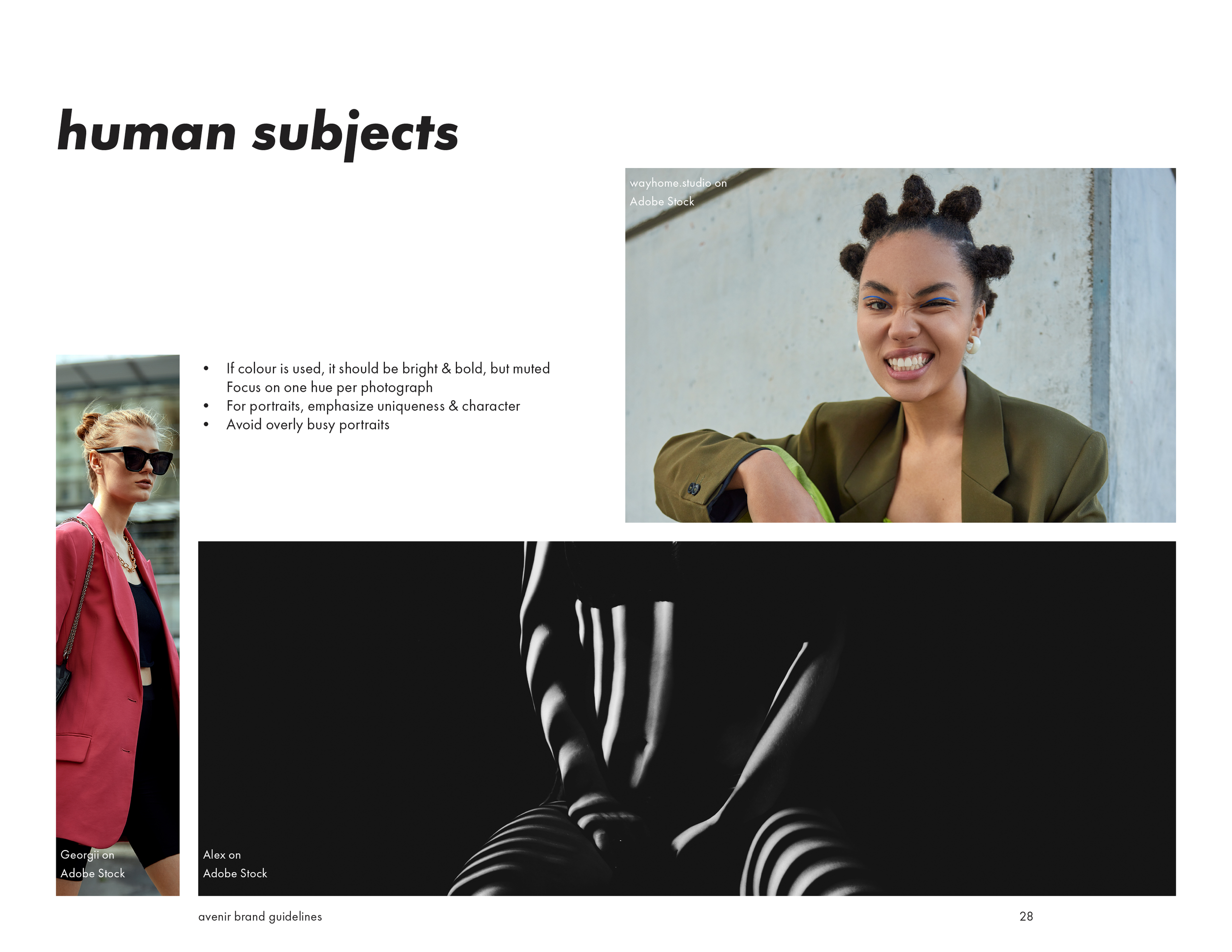 A digital layout for a branding guide on human subjects, featuring three photographs of models and related tips. The top right shows a woman with styled bantu knots, smirking in front of a concrete wall. The bottom left shows a woman with blonde hair