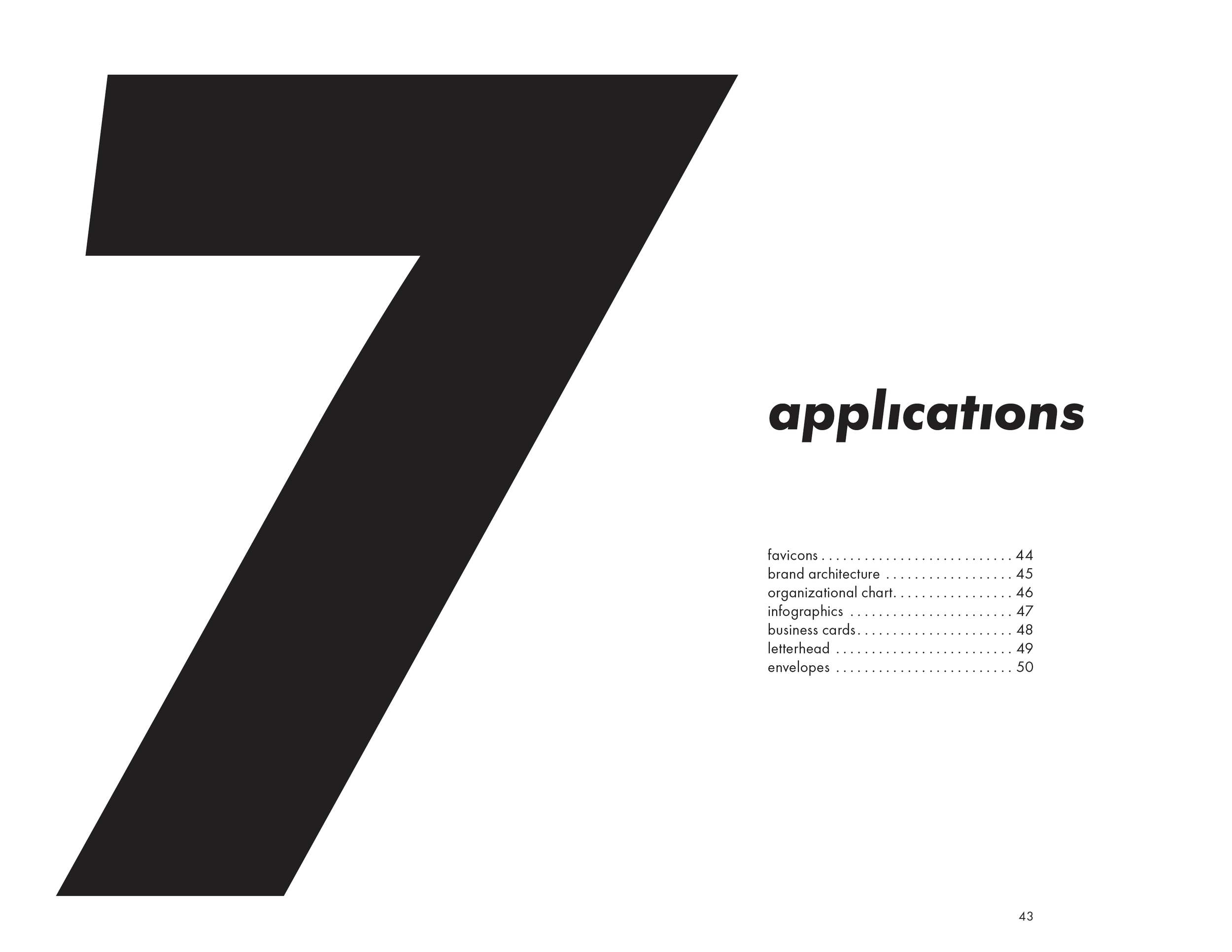 Page from a design or branding book showing a large black number 7 with the word 'applications' beside it and a list of topics including favicons, brand architecture, organizational chart, infographics, business cards, letterhead, and envelopes with 