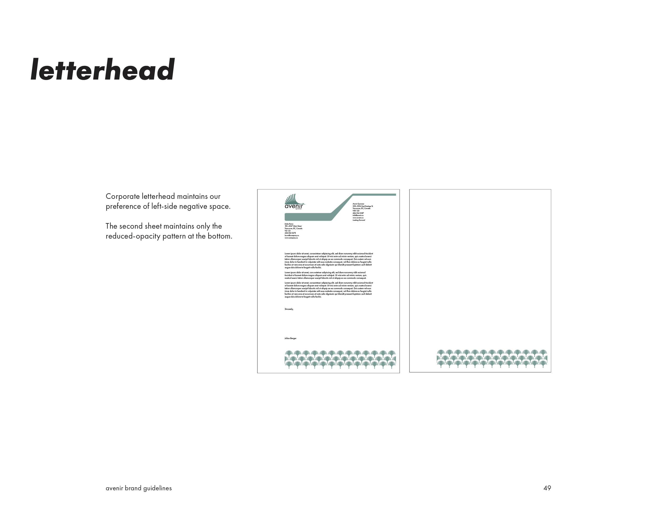 Page from brand guidelines showing a letterhead design with the heading 'letterhead' in bold, along with a description of the design features and two sample letterhead layouts, one with a green and gray design at the top and bottom, and the other wit