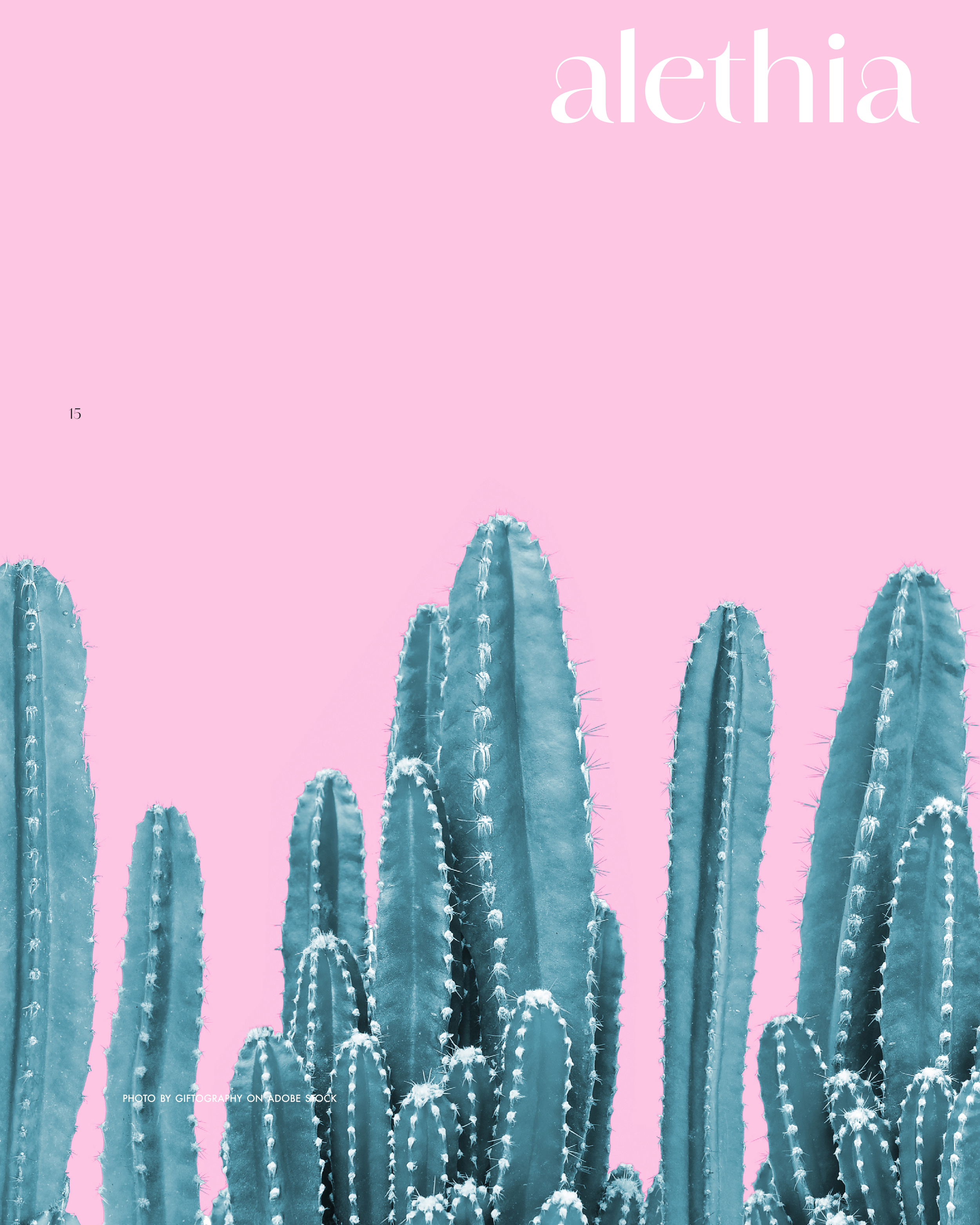 Magazine cover with pale pink background, featuring spiky blue cacti and the white text 'alethia' at the top.