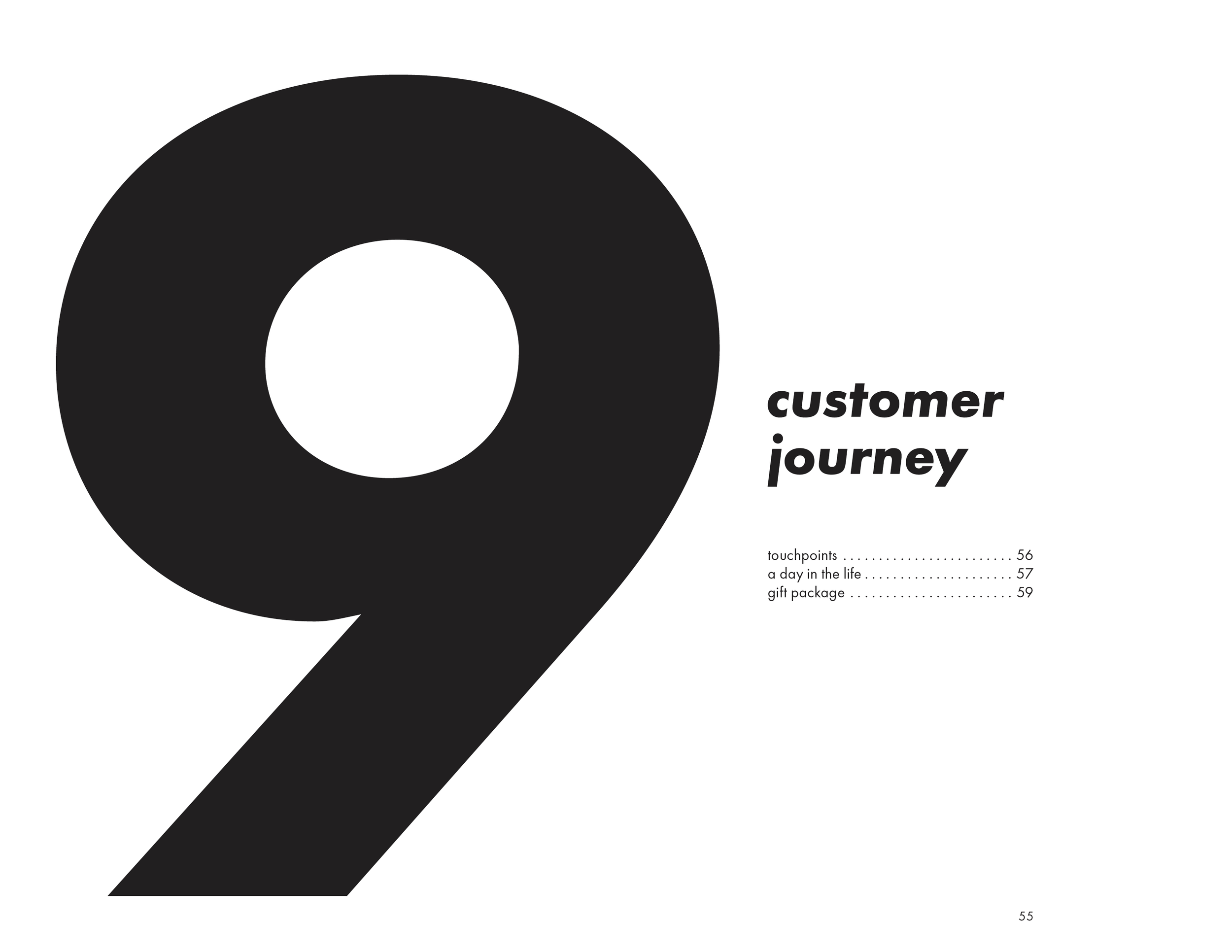 Title page of a customer journey report featuring a large black number 9 and text indicating it covers touchpoints, a day in the life, and gift packages, with page numbers 56, 57, and 59.