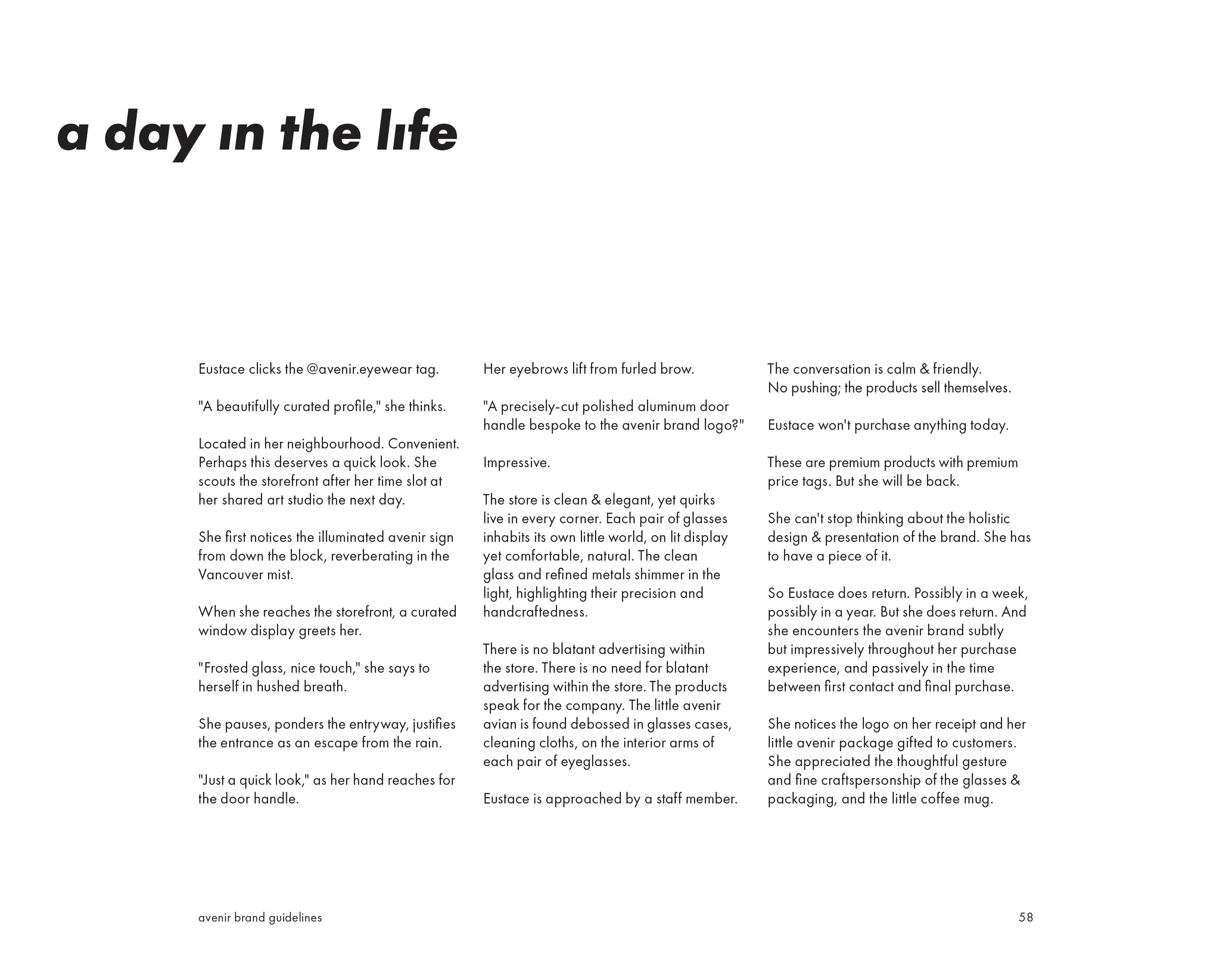 A magazine page titled 'a day in the life' with multiple columns of text describing a person's experience shopping for eyewear and related products, along with brand guidelines at the bottom.