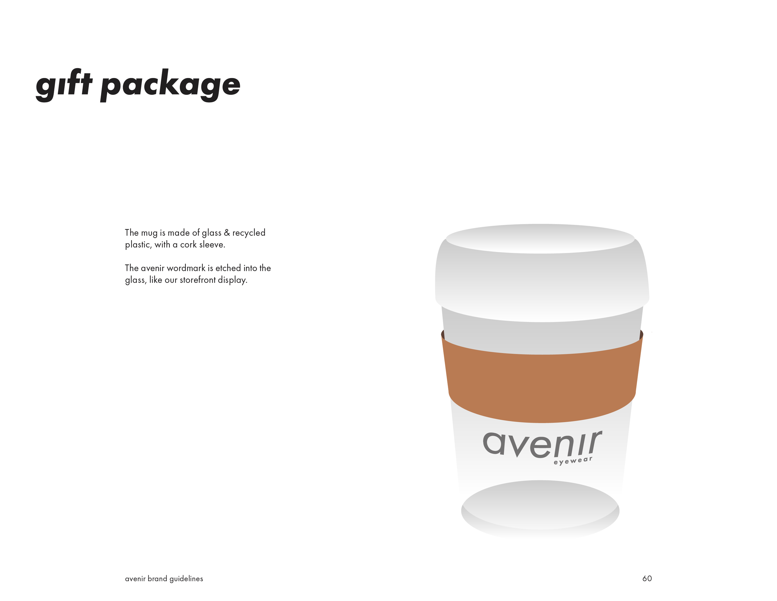 Animated illustration of a white reusable coffee cup with a brown sleeve and a white lid, featuring the brand name 'avenir' on the front, placed on a white background.