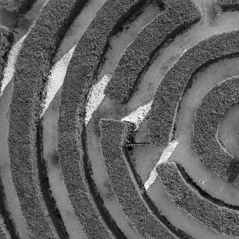Black and white close-up of a textured maze pattern with curved walls and a small, narrow pathway in the center.
