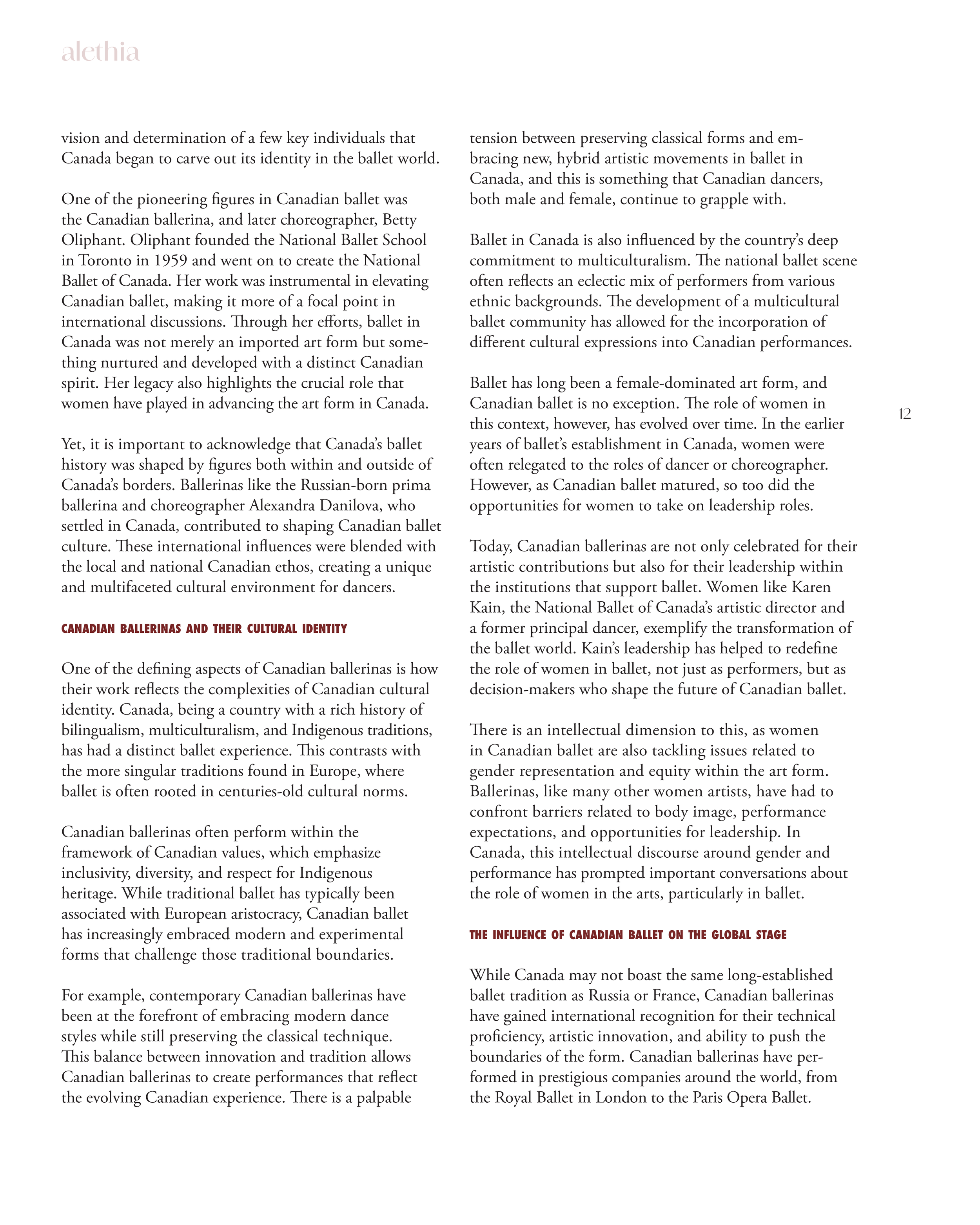 Open book page with text about Canadian ballet history and cultural influence, with a heading on Canadian ballerinas and their cultural identity, and a subheading on the influence of Canadian ballet on the global stage.