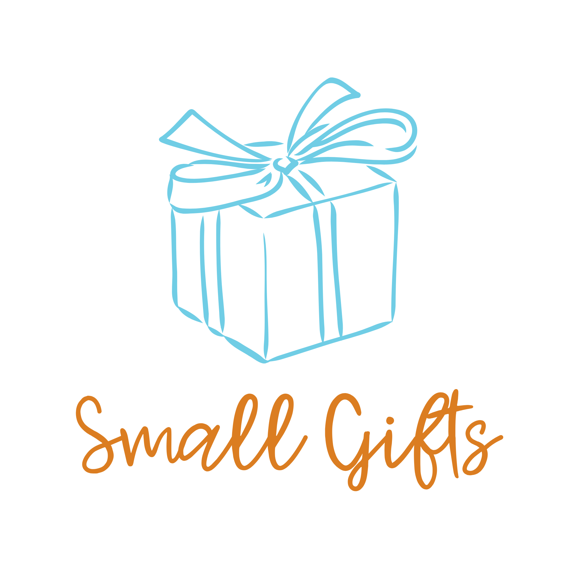 Blue outline drawing of a small gift box with a ribbon and bow, and the words 'Small Gifts' in brown script below.