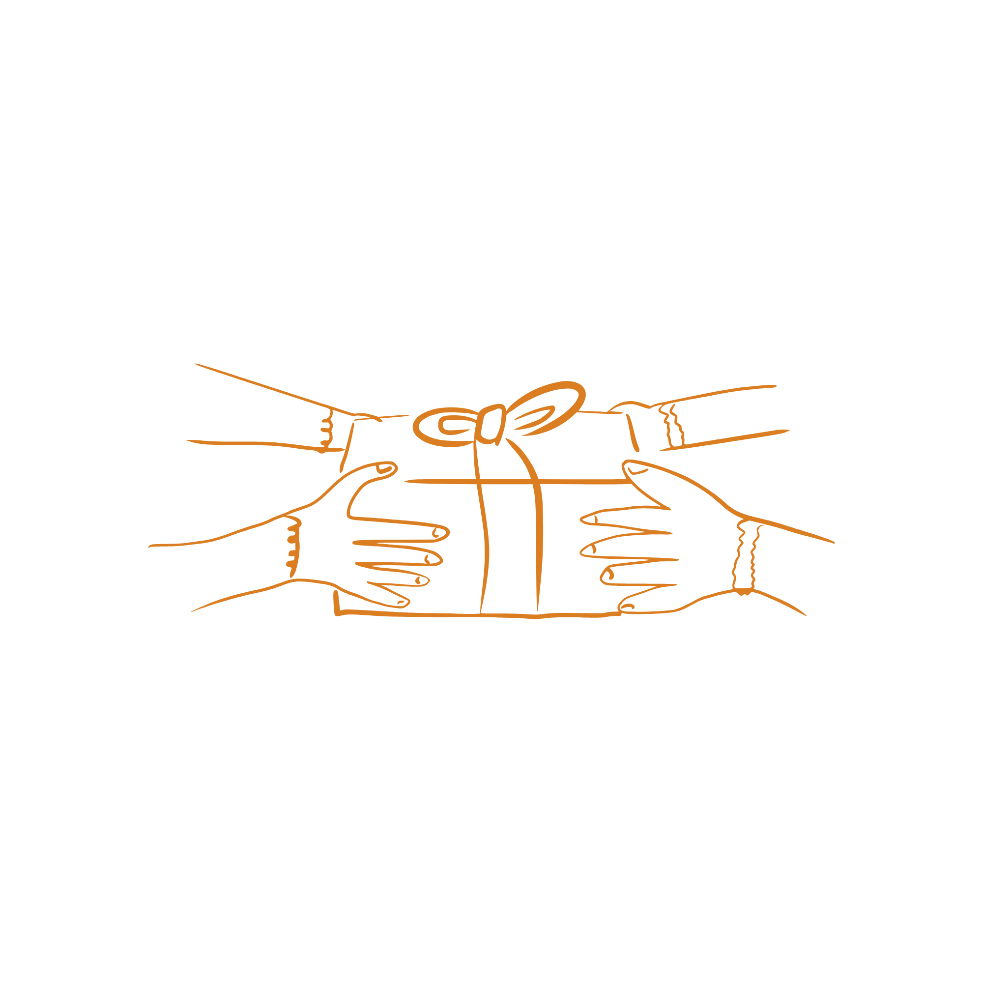 Illustration of multiple hands reaching towards a wrapped gift box with a bow on top.