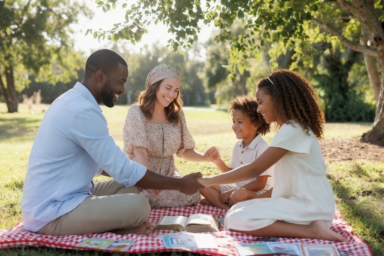 Family holding hands in prayer circle with open Bible in warm sunlit room