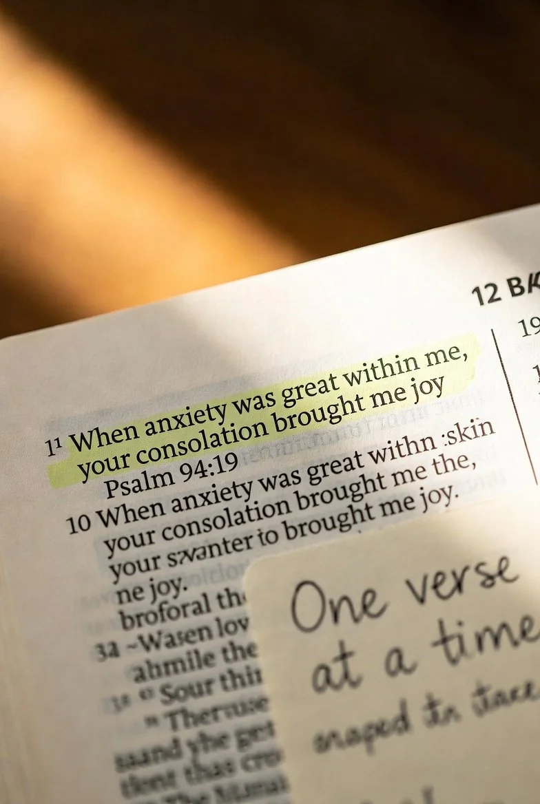Close-up of an open Bible highlighting Psalm 94:19 with a handwritten note ‘One verse at a time’ in a journal, soft natural light, peaceful scripture meditation