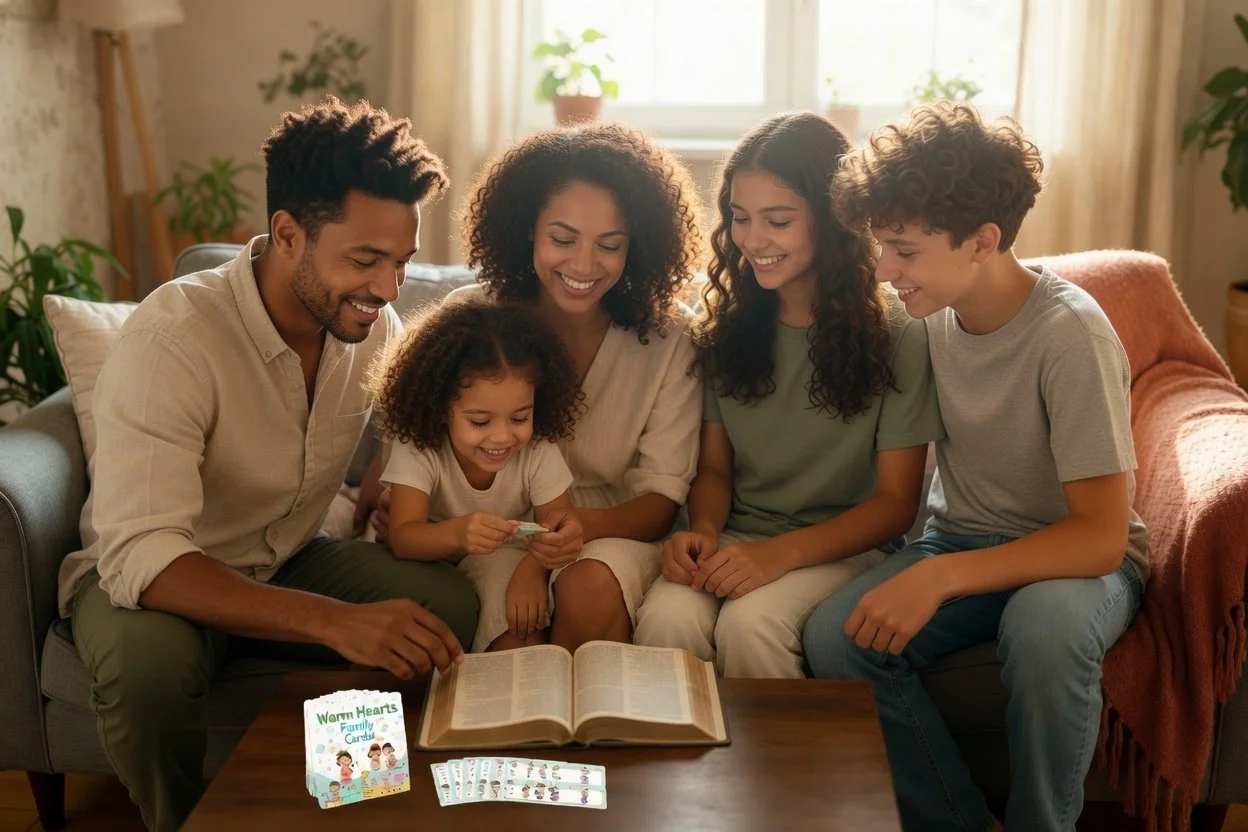 Multi-generational family enjoying joyful family worship around a table with open Bible in cozy living room