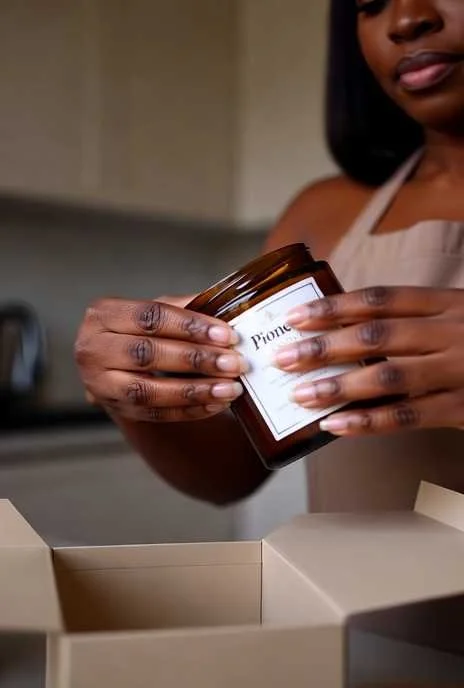 A woman holding a brown jar labeled 'Pioneer' in a kitchen
