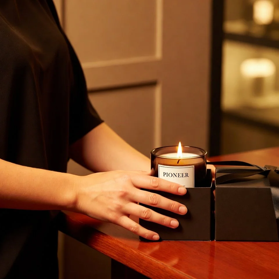 Person's hand holding a lit candle in a black container labeled 'PIONEER', placed inside a black box with a black gift bag on a wooden surface in a warm-lit indoor setting.