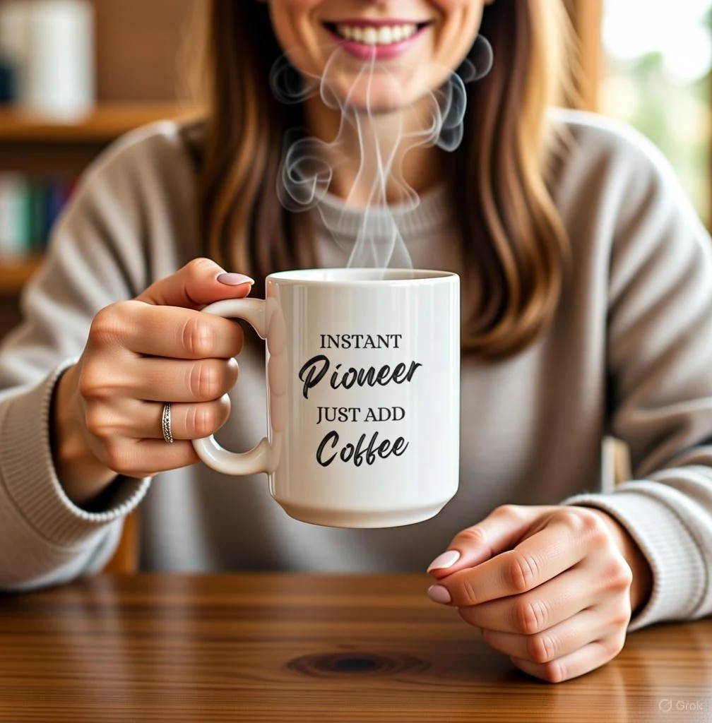 A woman holding a white coffee mug with steam rising from it. The mug has the text 'INSTANT Pioneer JUST ADD Coffee' on it. She is smiling and sitting at a wooden table in a cozy indoor setting.