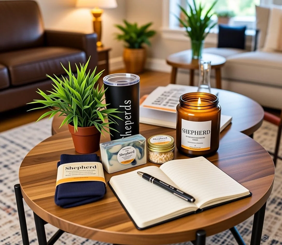 A round wooden table with a black pen, an open notebook, a potted plant, candles, a water bottle, a bar of soap, a jar of small beads, and a cloth with the label "Shepherd." JW Gifts.
