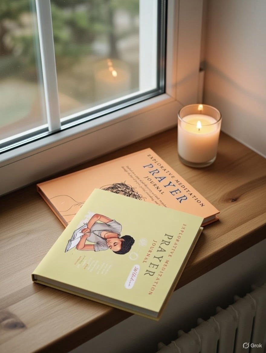 A windowsill with a lit candle in a glass holder and two JW Gift books: one titled "Prayer Journal" with an illustration of a woman, and another titled "Pray" with subtitle "Explorative Meditation".