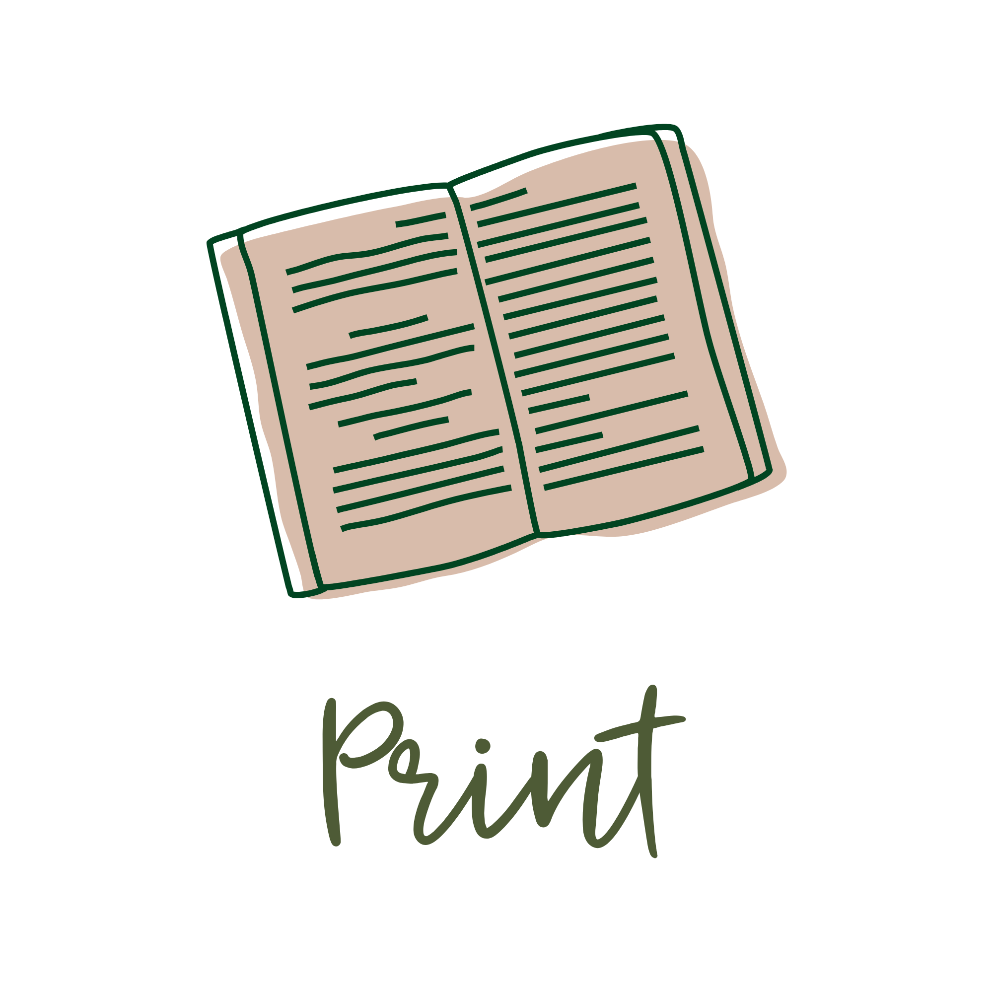 Illustration of an open book with lines of text and the word "Print" written below.