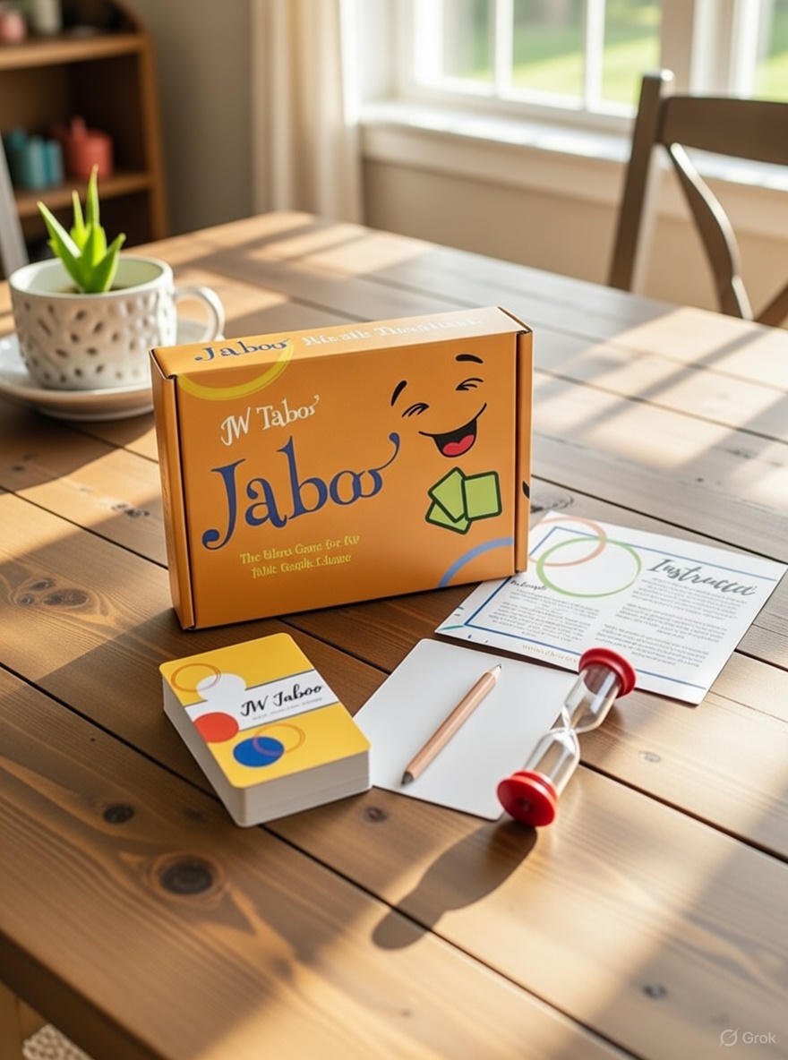 The image shows a wooden table with the card game Jaboo in the center. There is a deck of cards, a notepad with a pencil, a sand timer, and a paper with instructions. Game designed for Jehovah's Witnesses as JW Gifts.