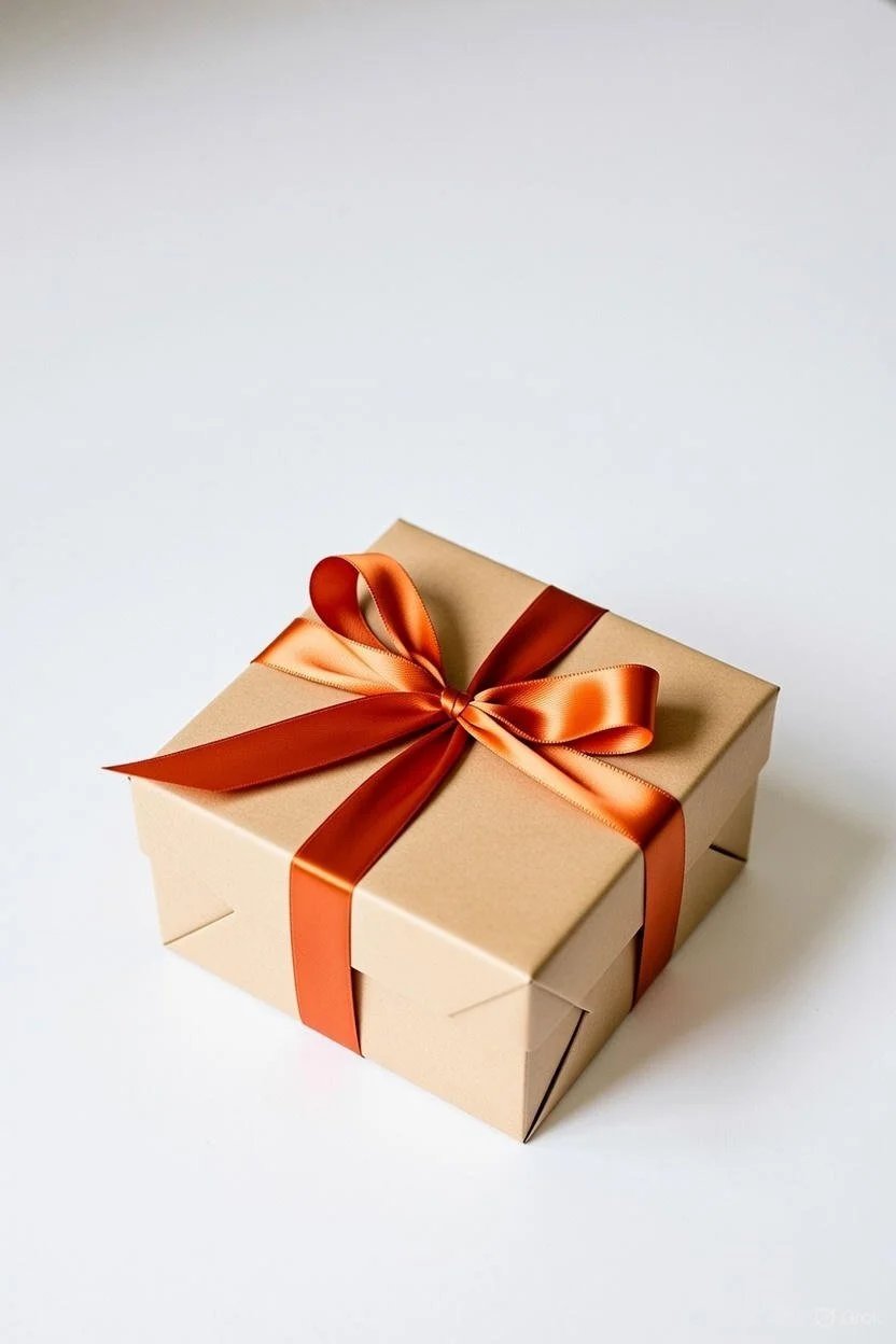 A beige gift box wrapped with a shiny brown ribbon tied in a bow. JW Gifts