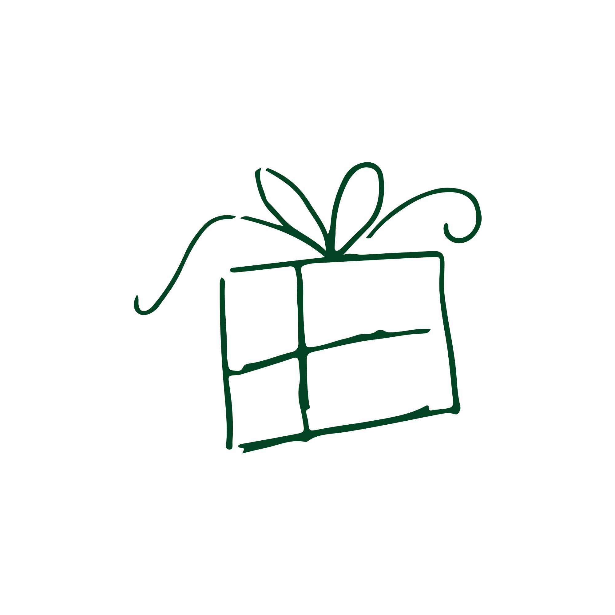 A simple line drawing of a wrapped gift with a ribbon and bow. JW Gifts.