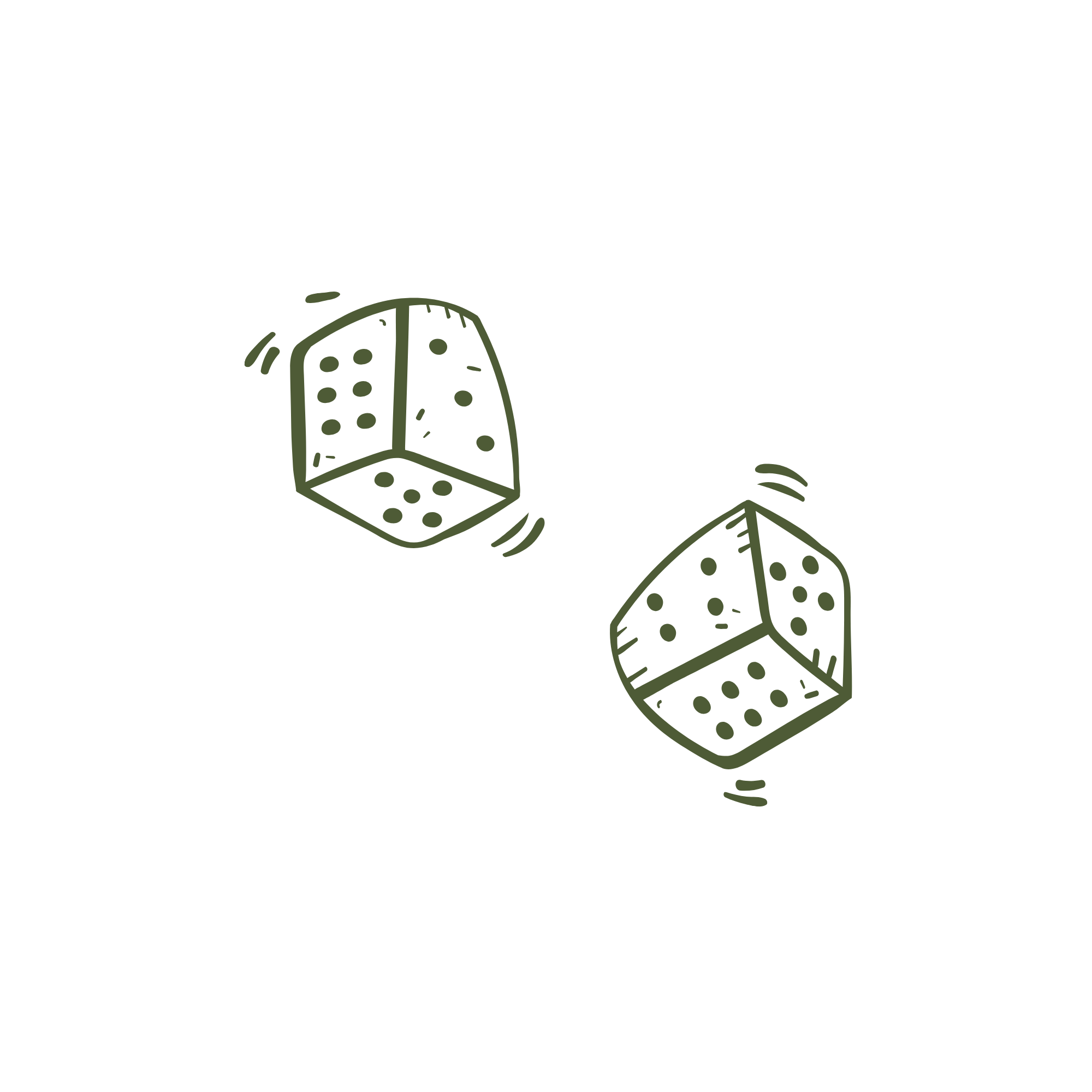Two rolling dice with dotted faces, depicted in a simple line art style.