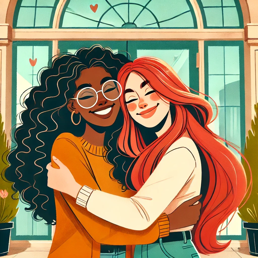 Two happy women hugging in front of a glass door with potted plants on either side, one with curly black hair, glasses, and a mustard sweater, the other with long red hair and a white top.