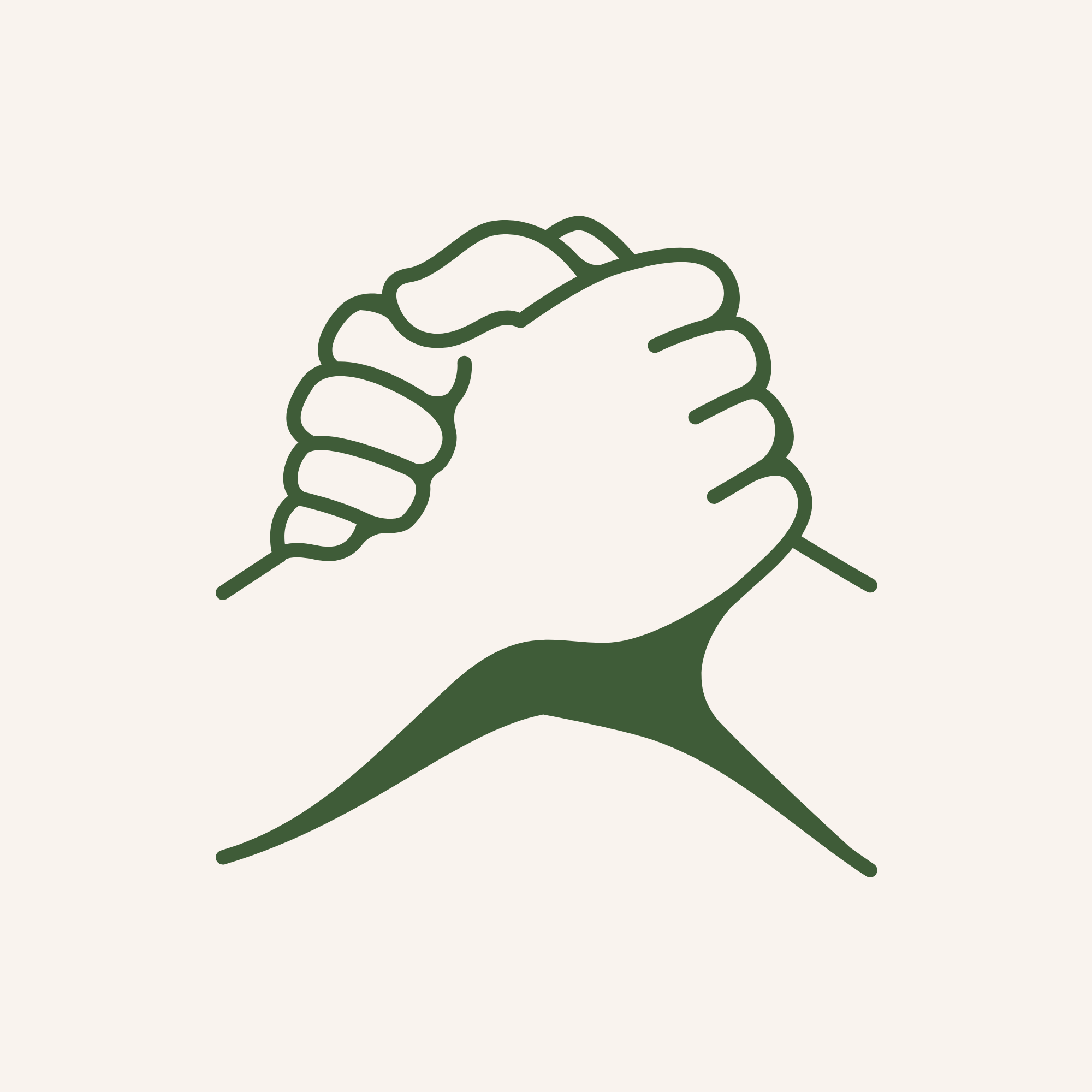 Minimalist line drawing of two hands clasped in a handshake.