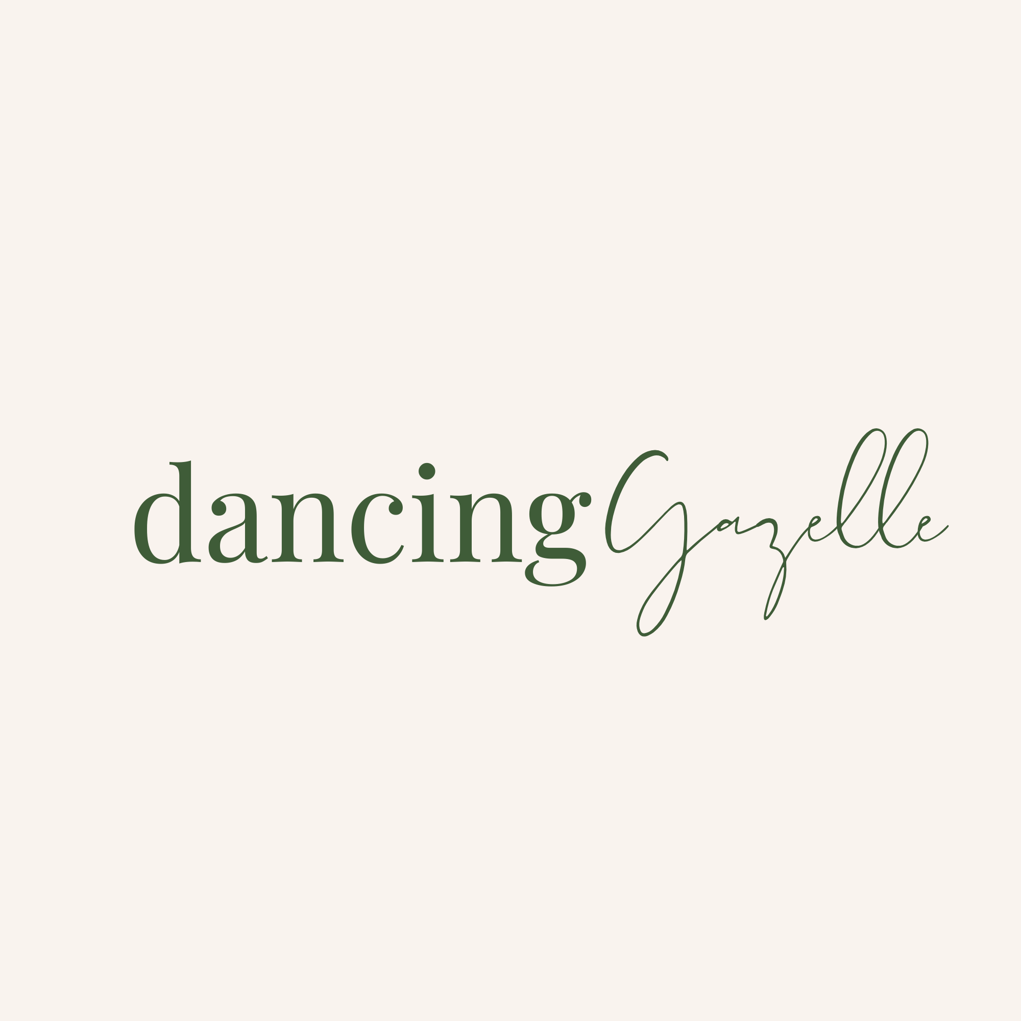Text reading 'dancing Gazelle' in elegant green font on a light background.