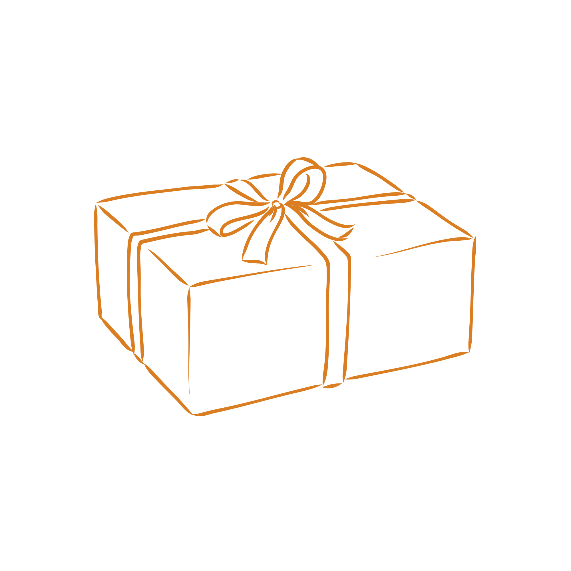 Line drawing of a gift box with a ribbon and bow on top, on a black background.
