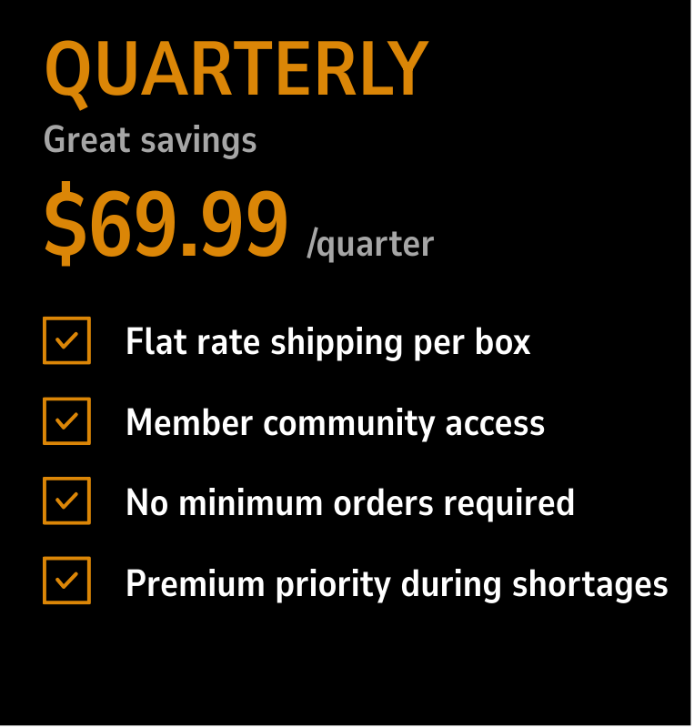 Pricing details for a quarterly membership costing $69.99/quarter with benefits like flat rate shipping per box, member community access, no minimum orders required, and premium priority during shortages.