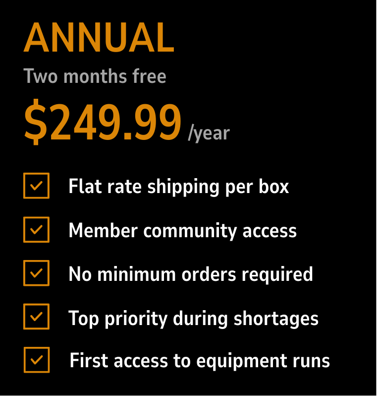 Pricing details for an annual membership costing $249.99/year with benefits like flat rate shipping per box, member community access, no minimum orders required, top priority during shortages, and first access to equipment runs.