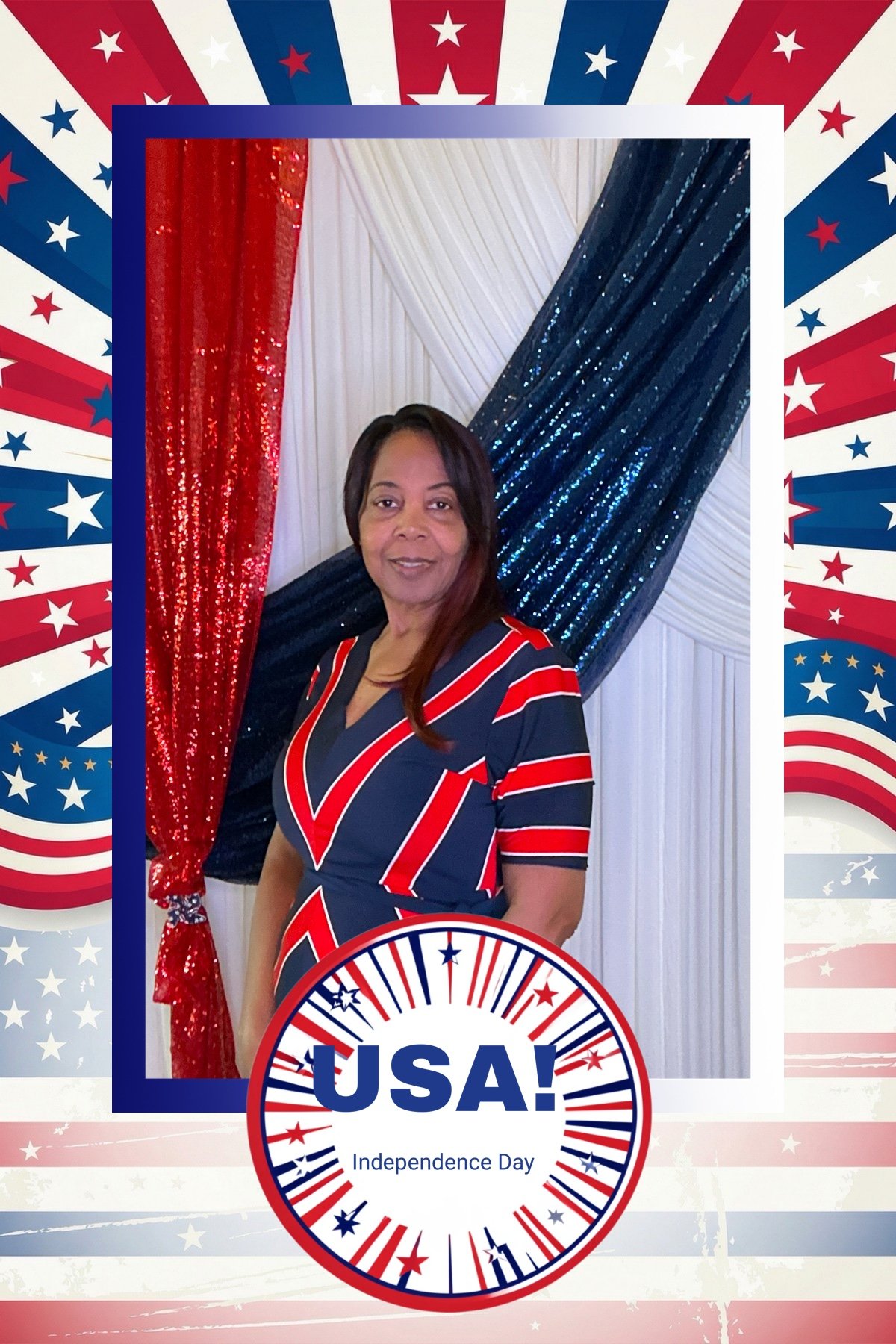 Faith in Focus celebrating the 250 year of America. Showcasing a patriotic red, white, and blue curtains backdrop created by Faith in Focus using open air photobooth