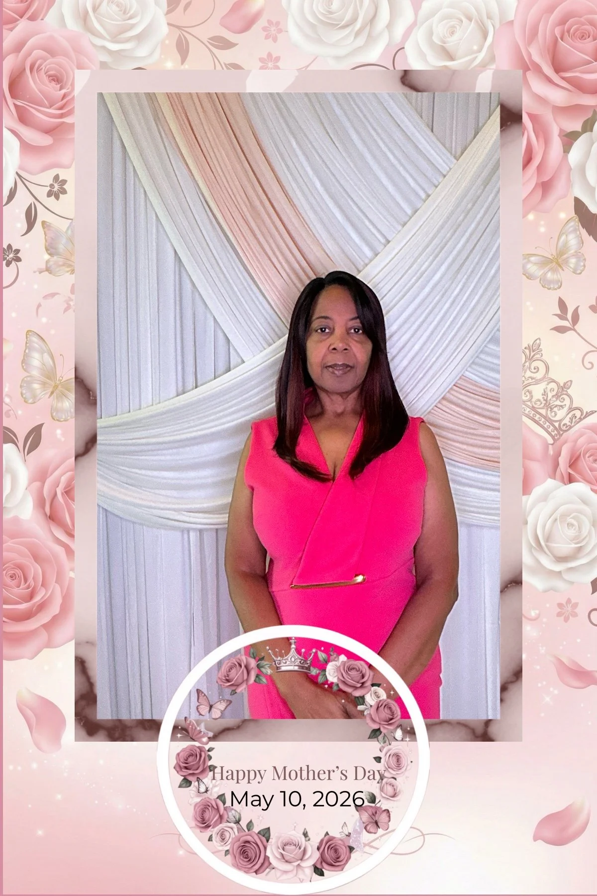 Women at a May 10, 2026 Mother's Day celebration a Church taking a picture from Faith in Focus open air photobooth and event planning.  located in Clearwater Florida.