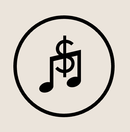 Music note symbol with a dollar sign inside a circle.